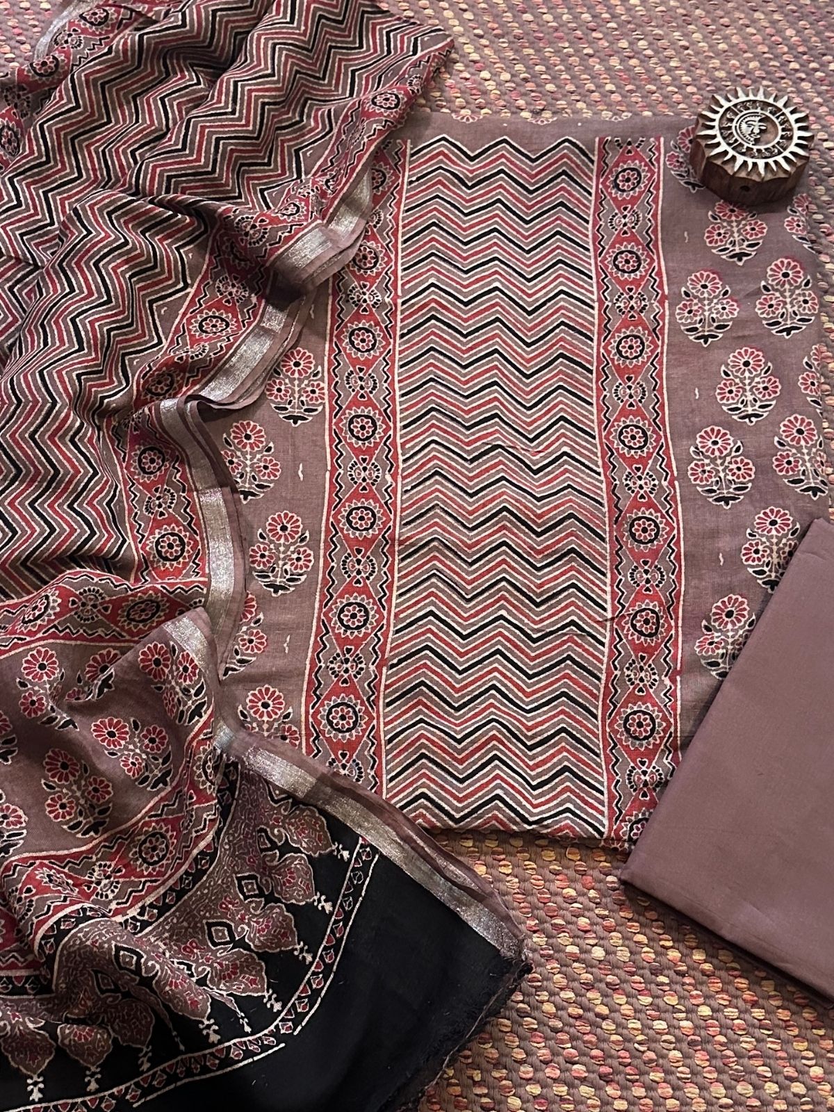Linen Ajrakh Hand- Block Unstitched Set