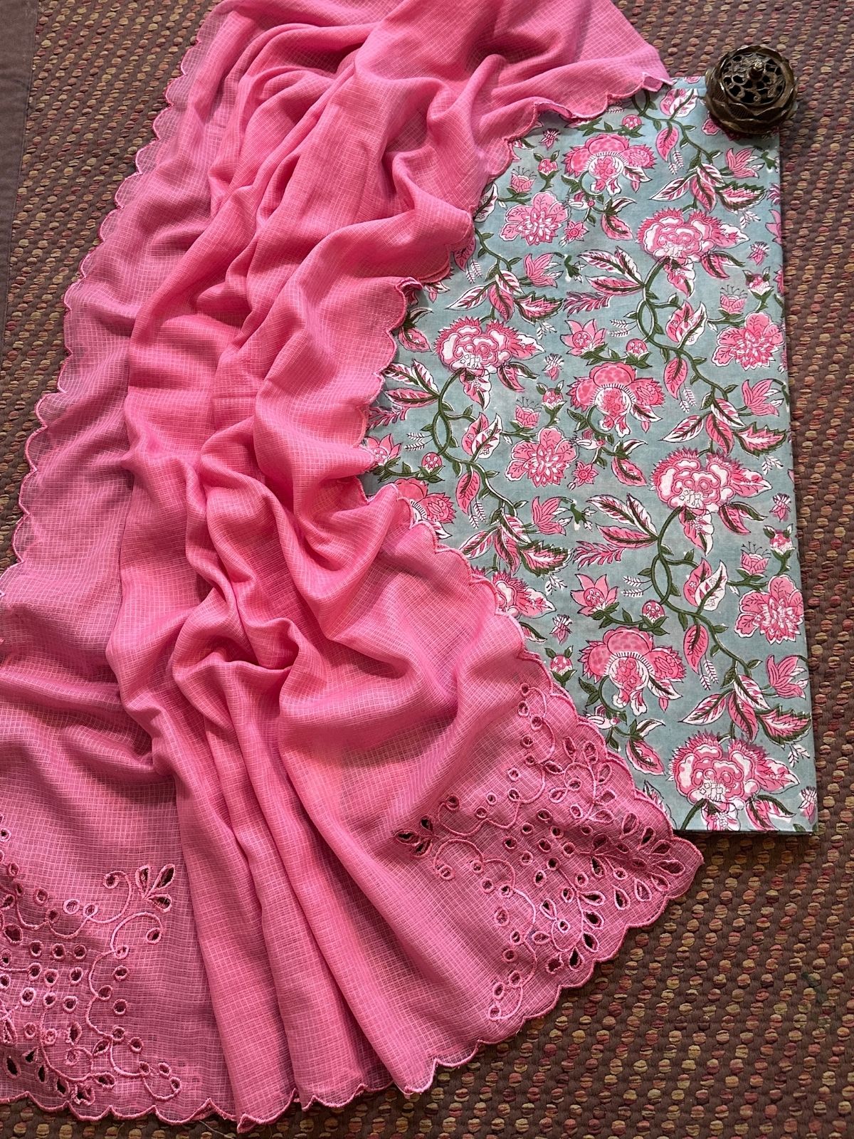 Pure Cotton Hand-blocked Fabric Set with Cutwork Kota Doria Dupatta