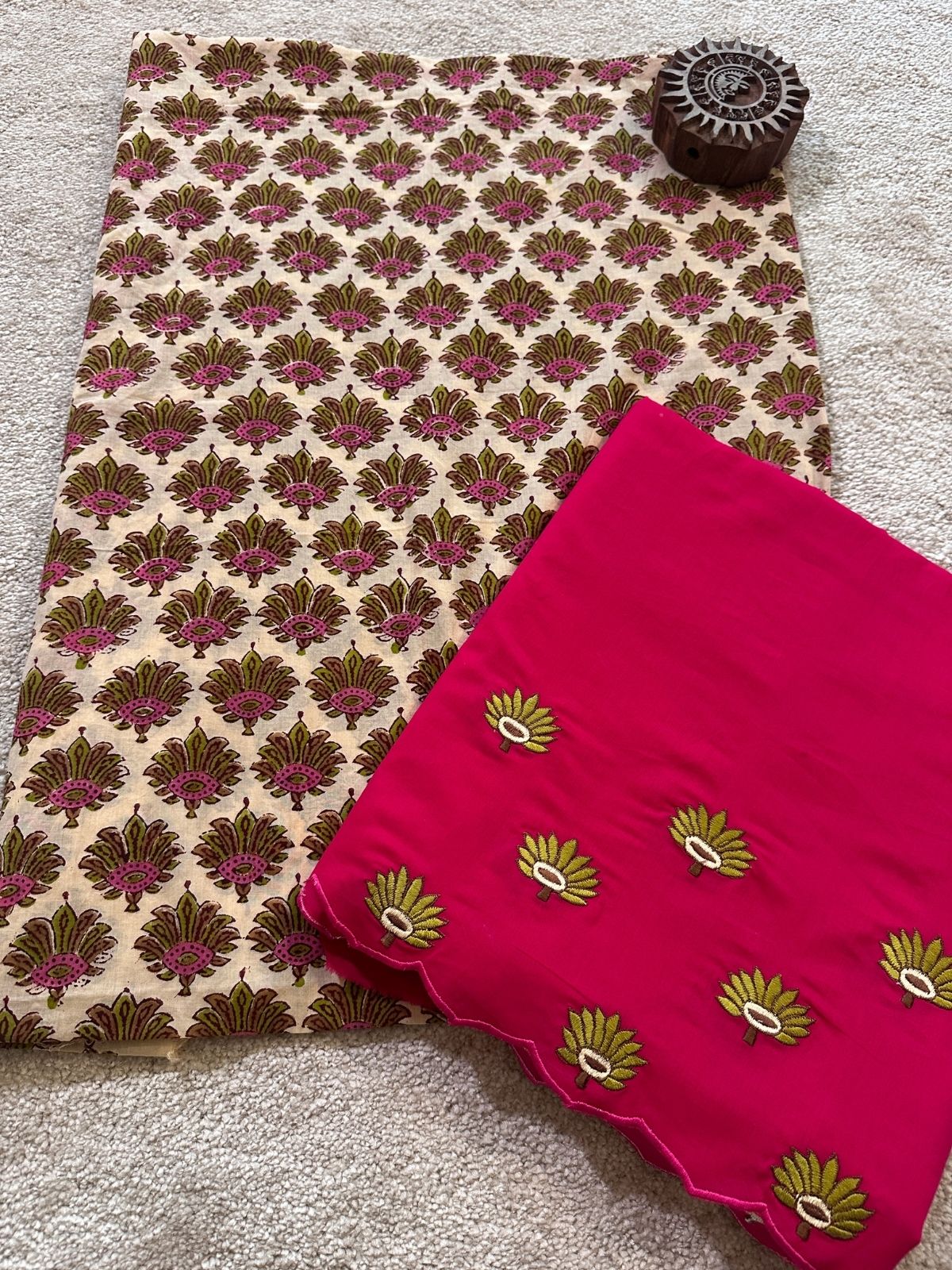 Pure Cotton Hand-blocked Fabric with Embroidered Bottom