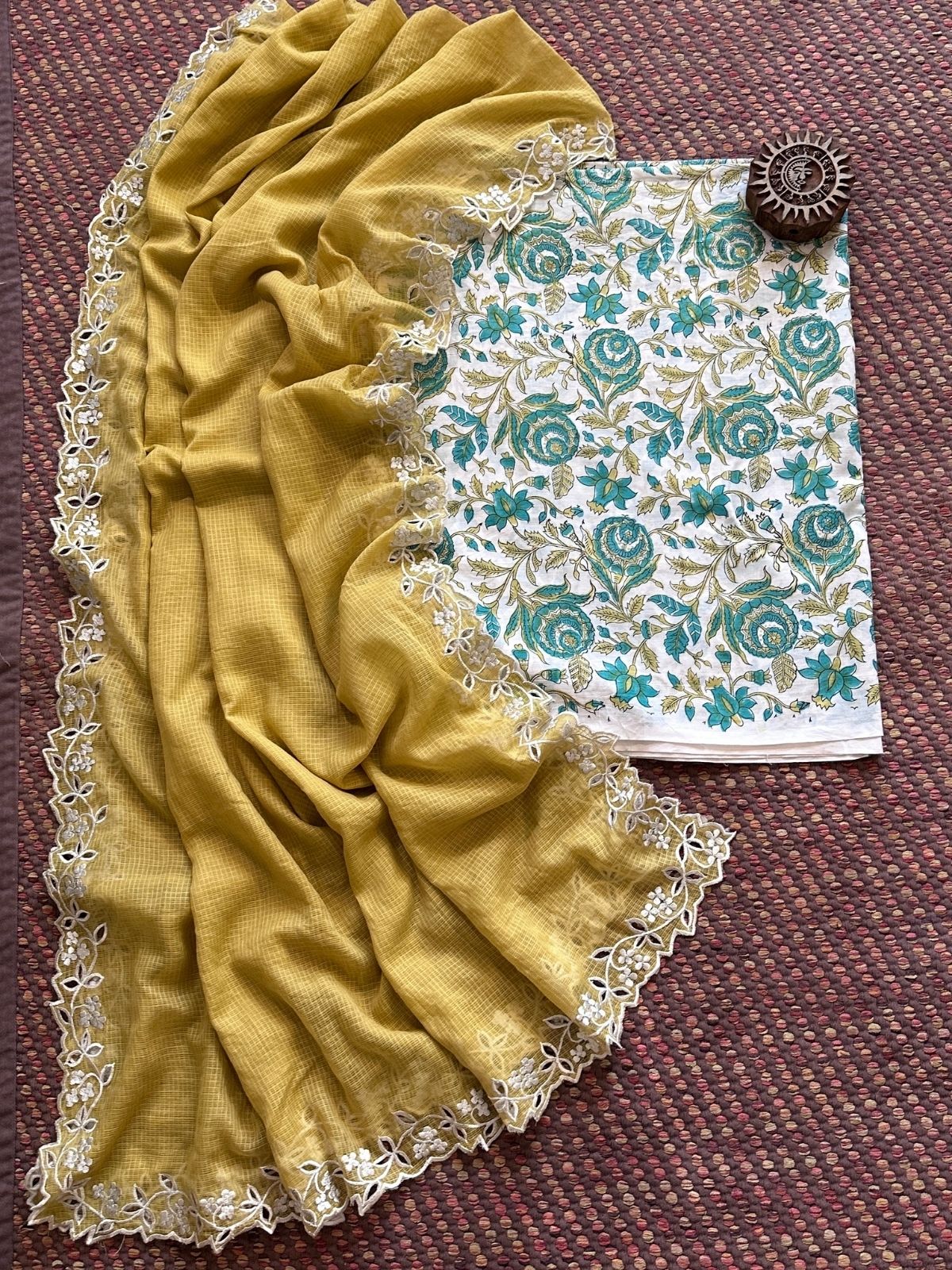 Pure Cotton Handblock Fabric with Cutwork Embroidered Dupatta