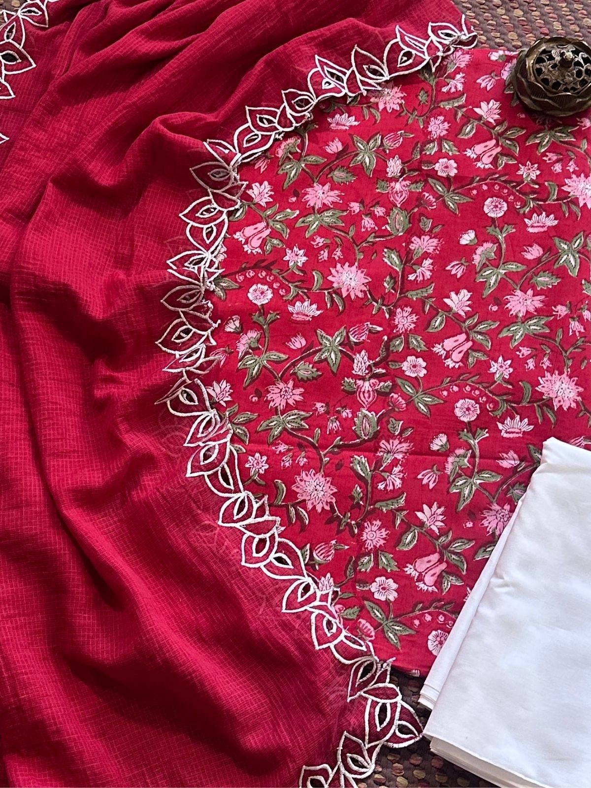 Pure Cotton Handblock Fabric  Set with Cutwork Embroidered Dupatta