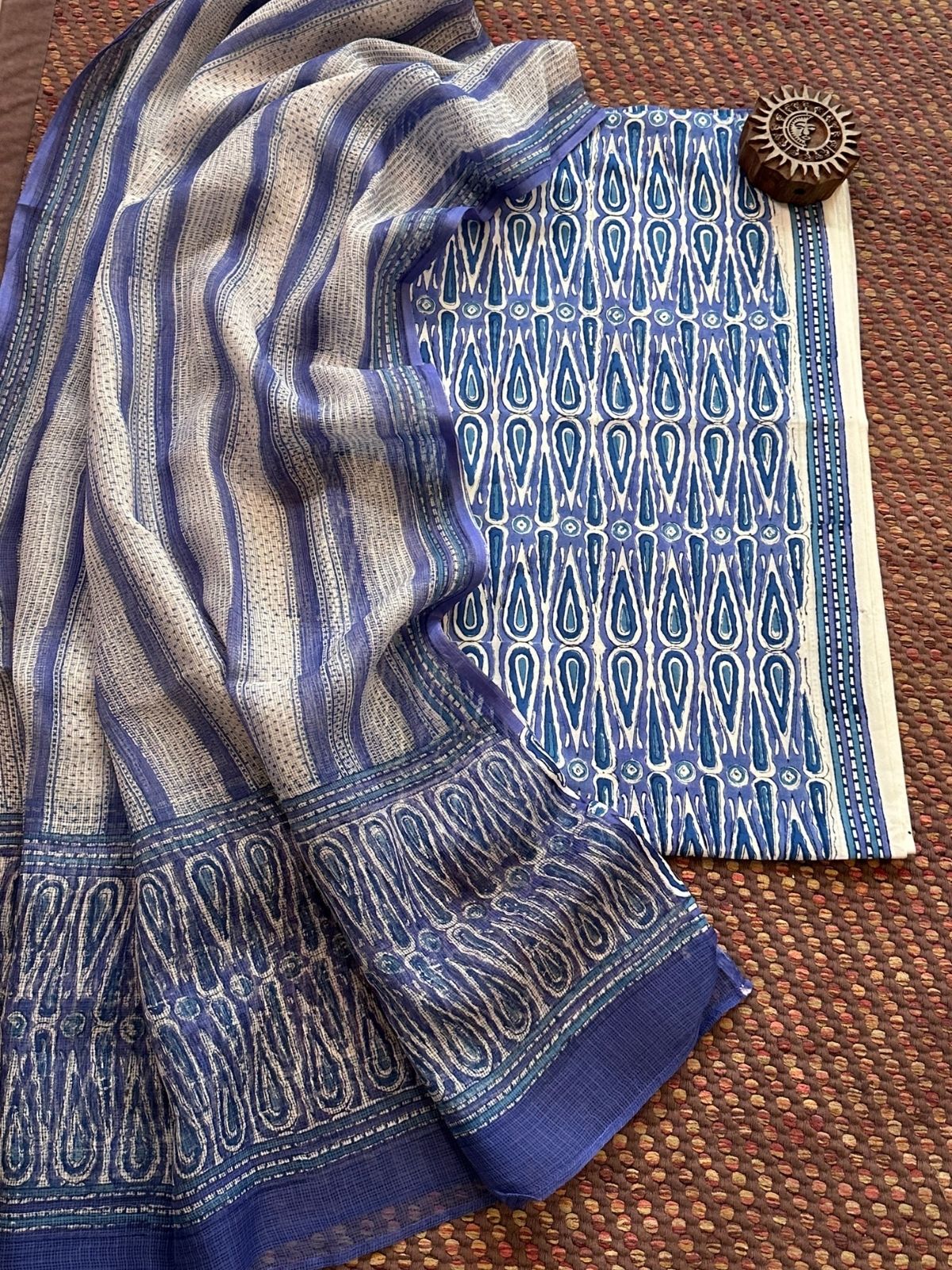 Pure Handblcoked Cotton Unstitched Set with Handblocked Kota Dupatta