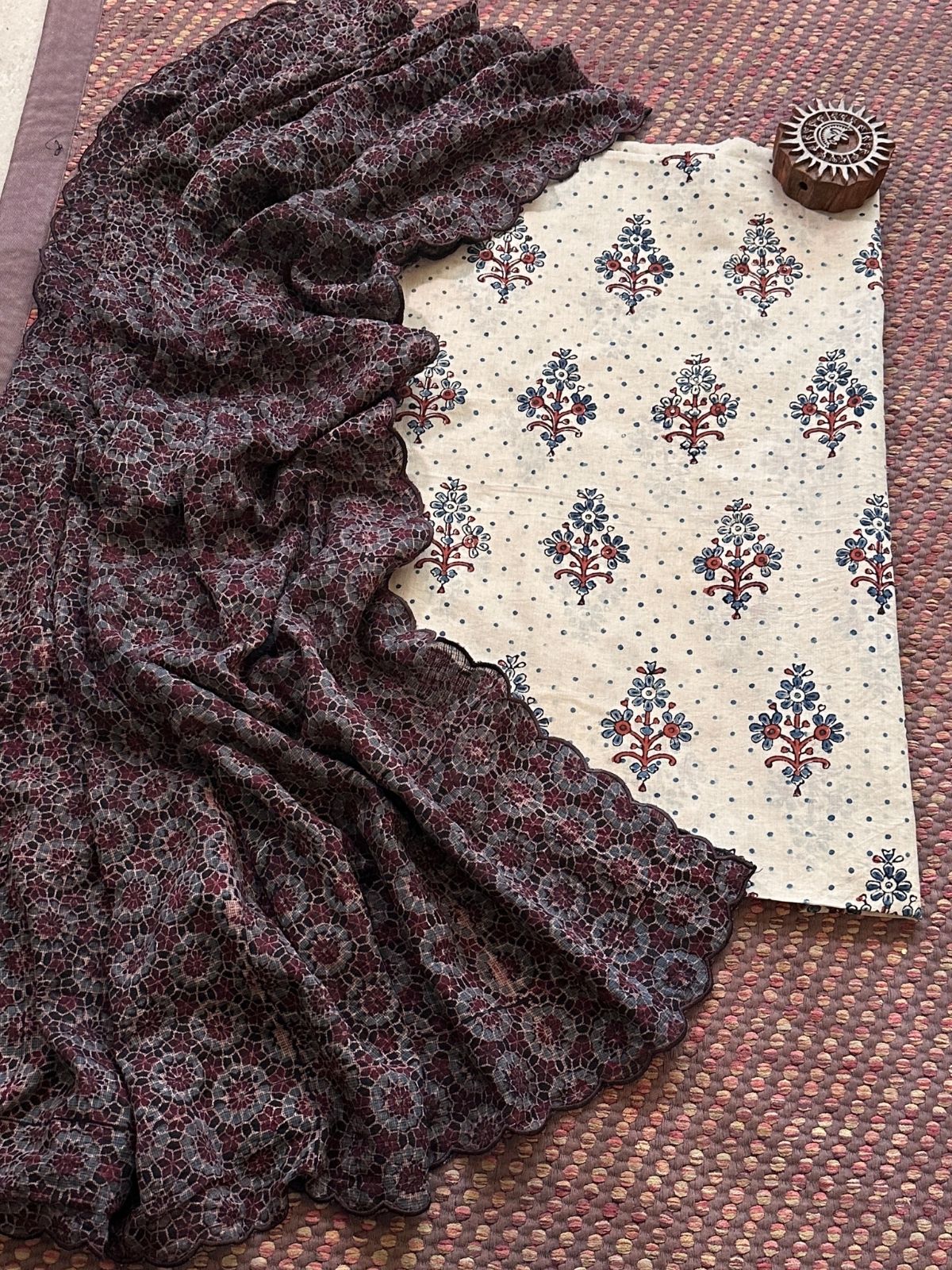 Ajrakh Cotton Malmal Handblocked Set- Top & Dupatta