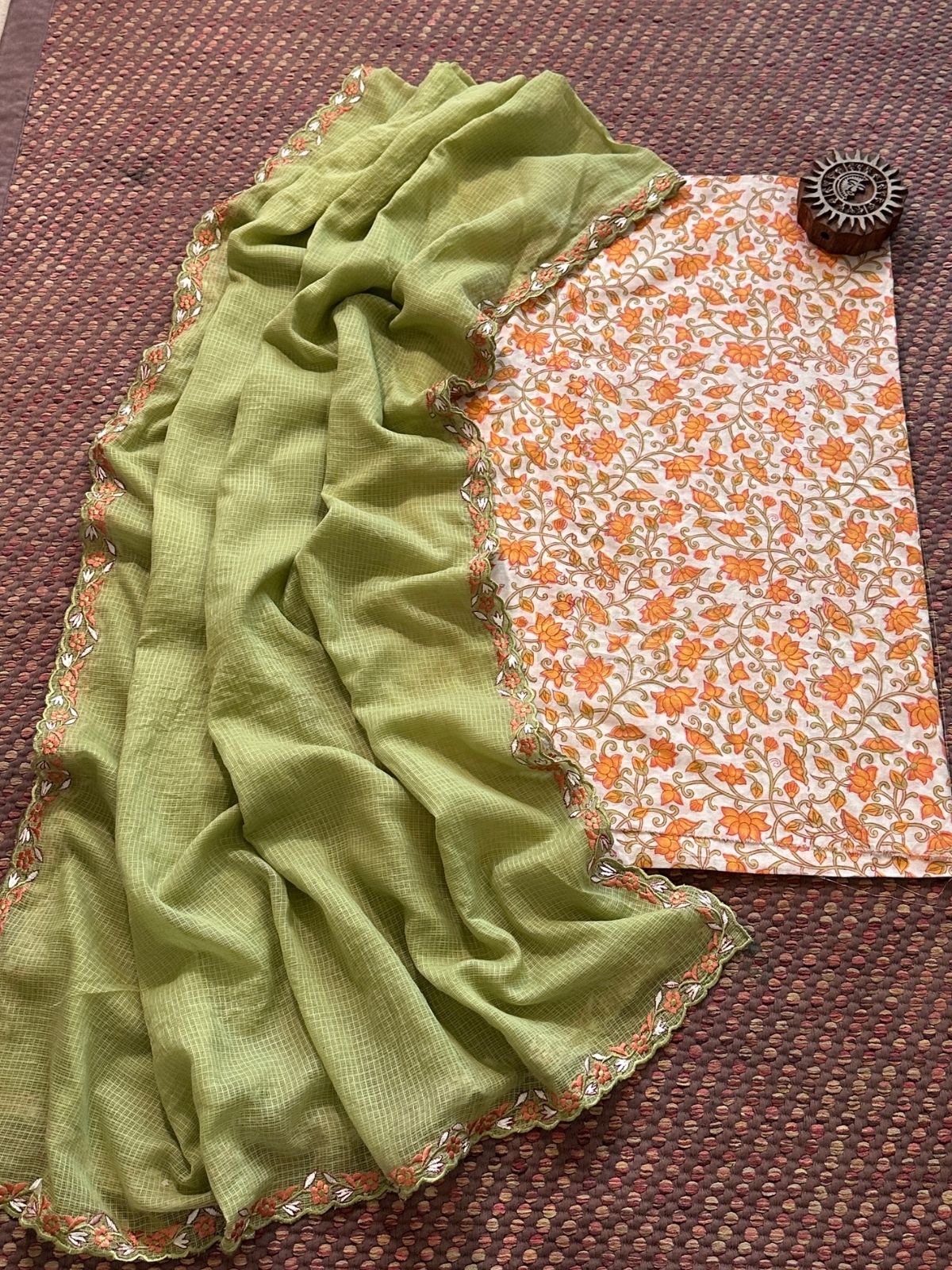 Pure Cotton Hand-blocked Fabric with Exclusive Embroidered Dupatta