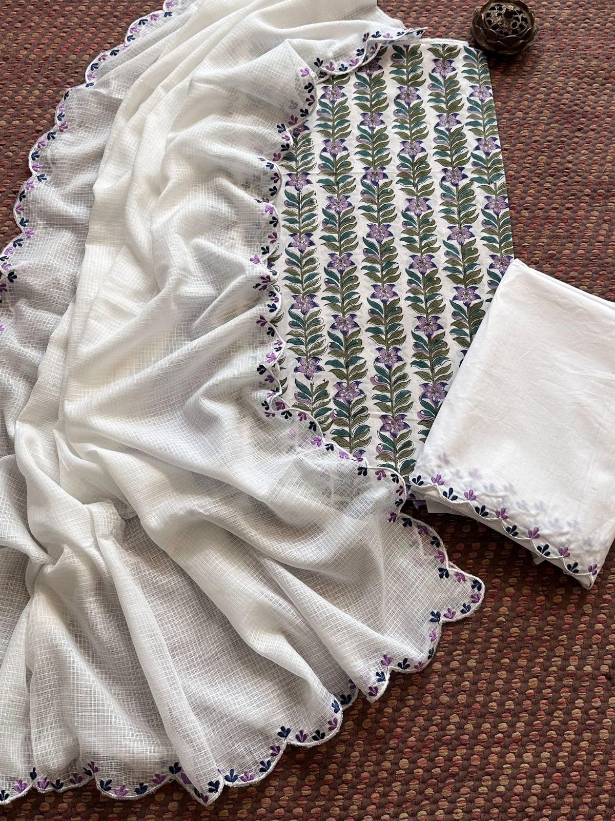 Pure Cotton Hand blocked Set with Embroidered Dupatta