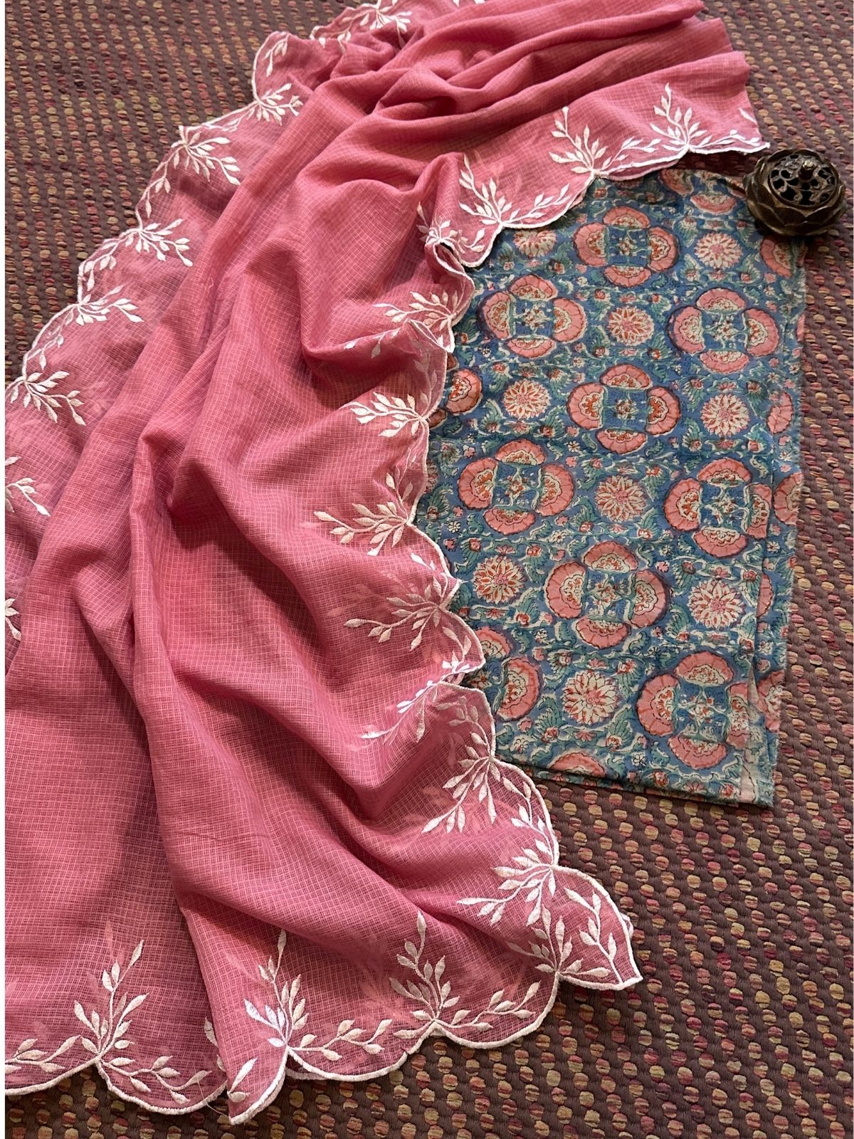Pure Cotton Mul Hand-Block Fabric with Embroidered Dupatta