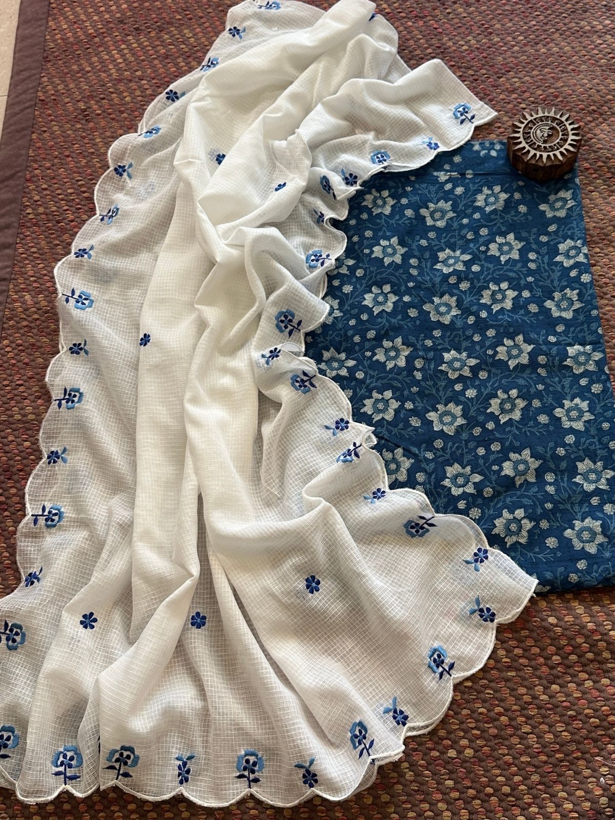 Pure Cotton Indigo Hand-block Fabric with Exclusive Embroidered Kota Doria Dupatta