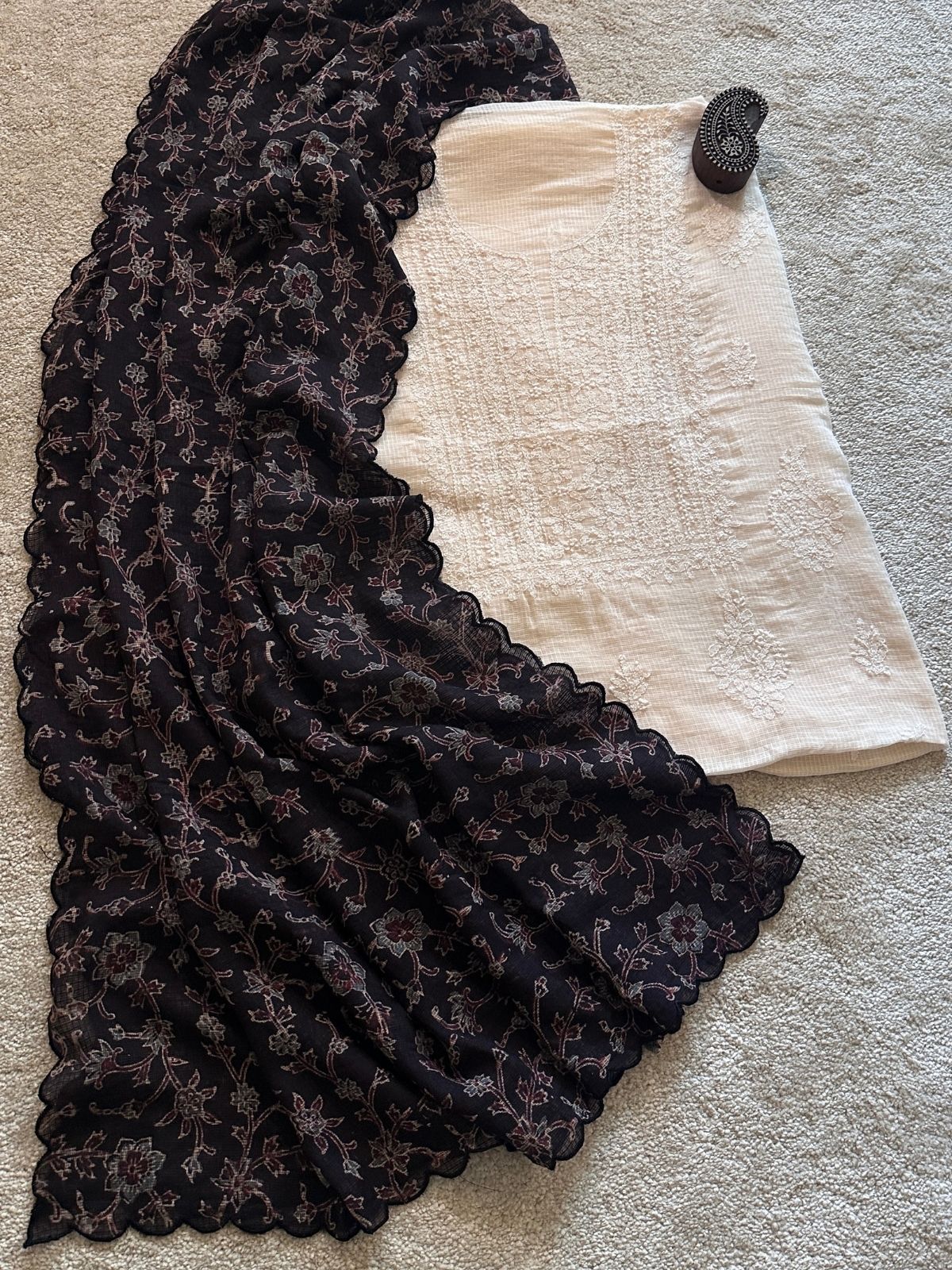 Chikankari Hand Embroidered Fabric with Ajrak Hadblocked Kota Dupatta