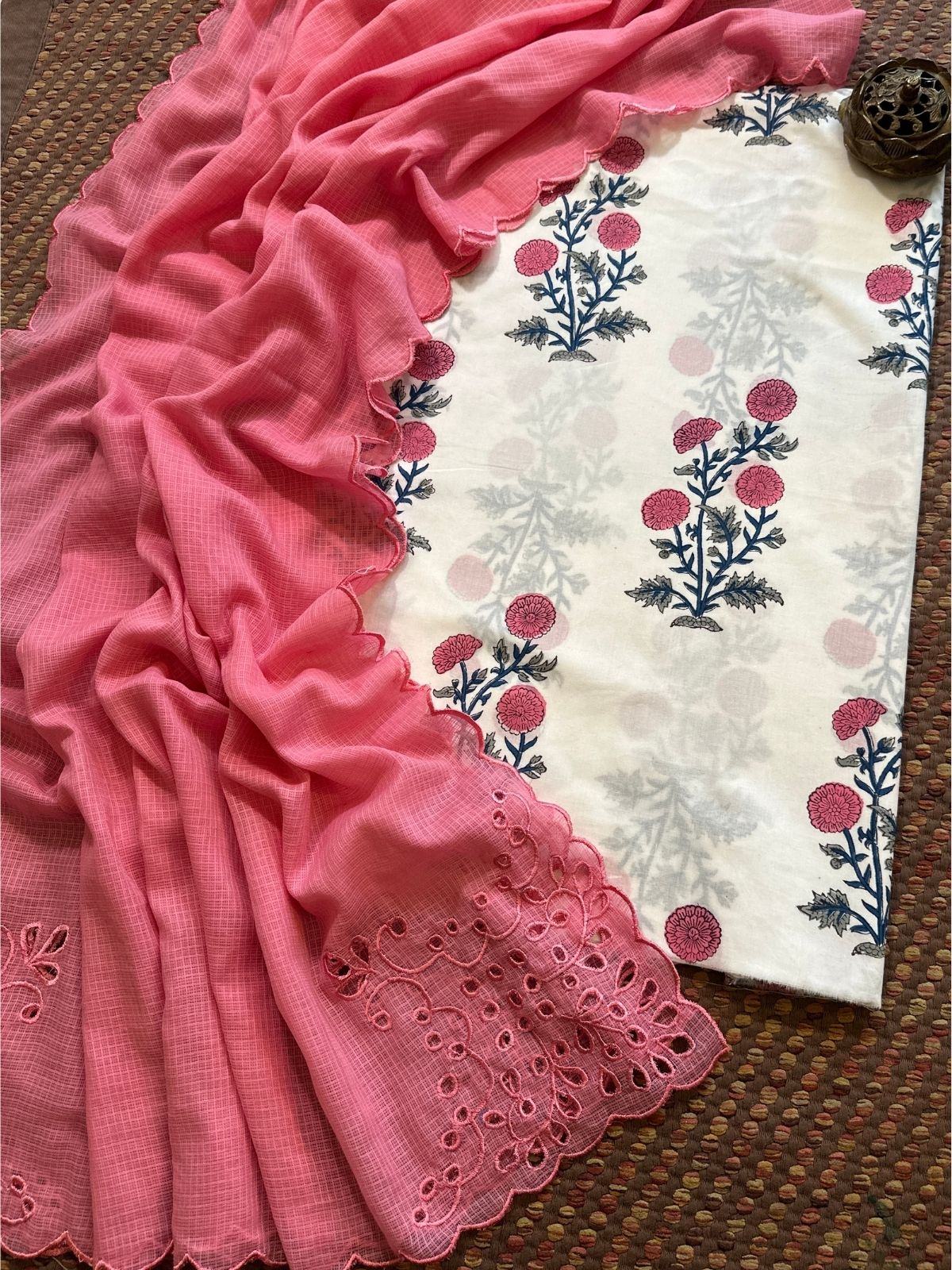 Pure Cotton Hand-blocked Fabric Set with Cutwork Kota Doria Dupatta