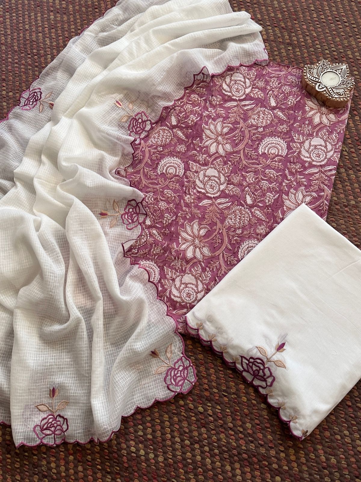 Pure Cotton Hand-block Fabric with Embroidered Bottom & Kota Doria Dupatta
