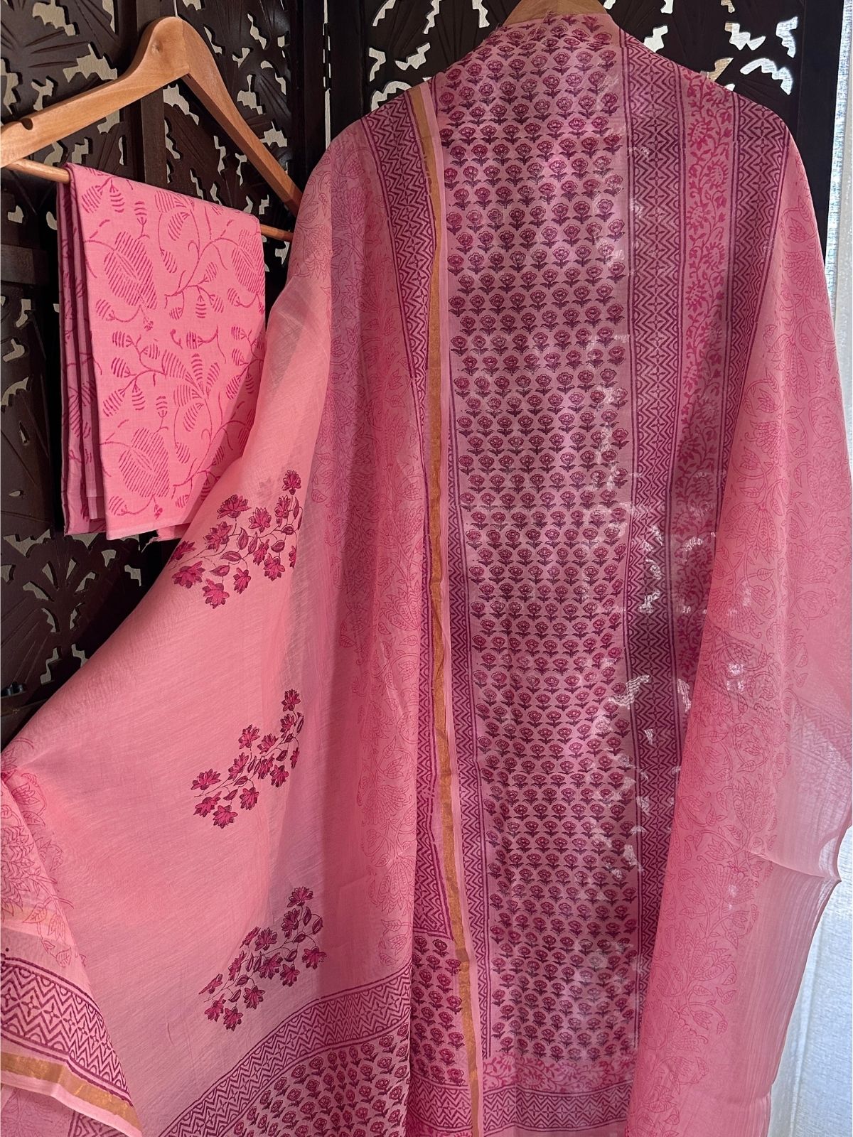 Premium Hand-blocked Malmal Maheswari Unstitched Set