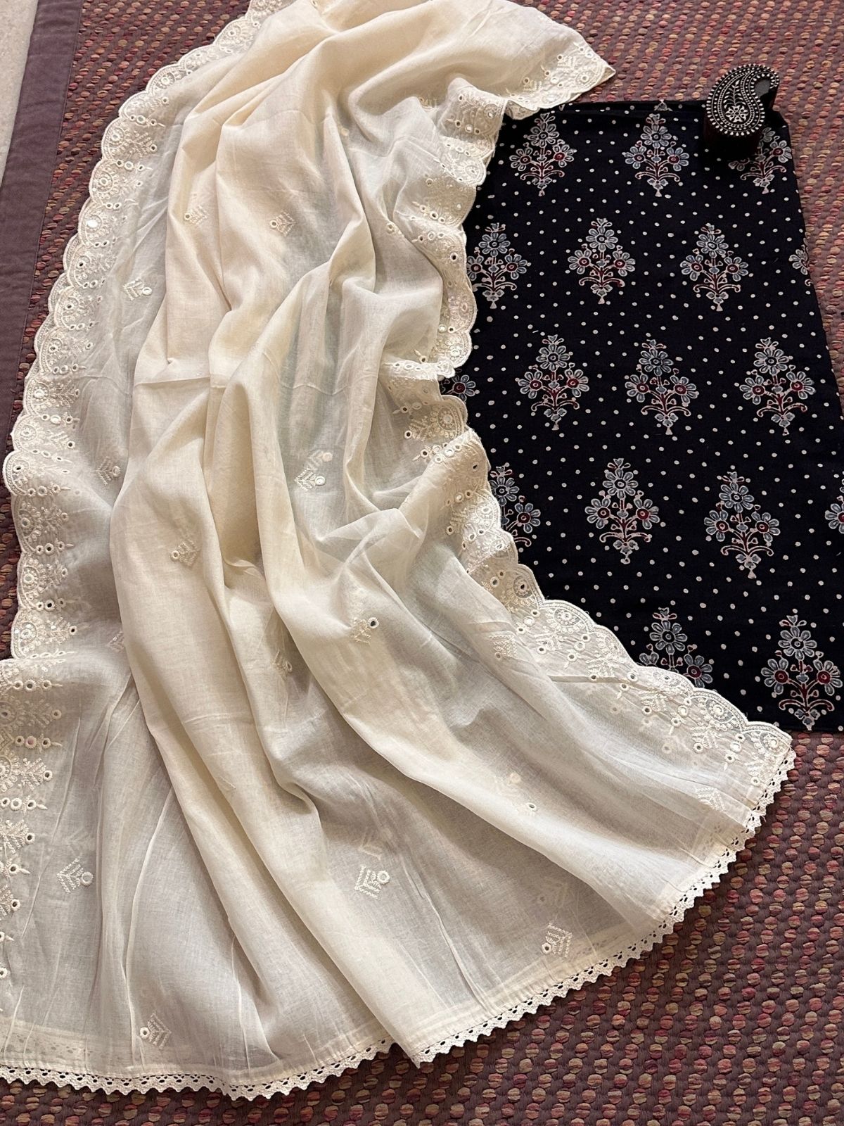 Ajrakh handblocked pure cotton mamal fabric with soft cotton Dupatta
