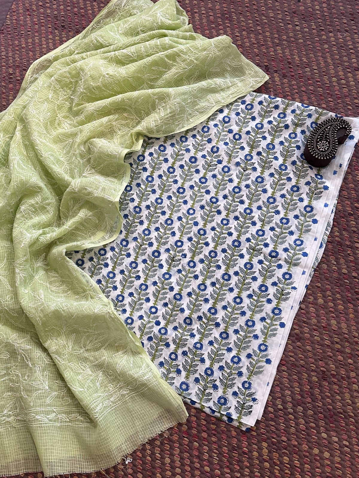 Pure Cotton Hand Blocked Fabric with Chikankari Dupatta