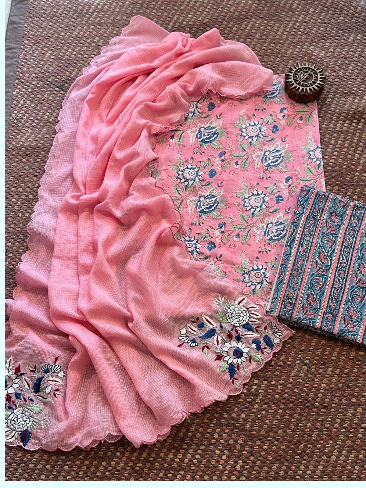 Pure Cotton Handblock Fabric with Embroidered Dupatta