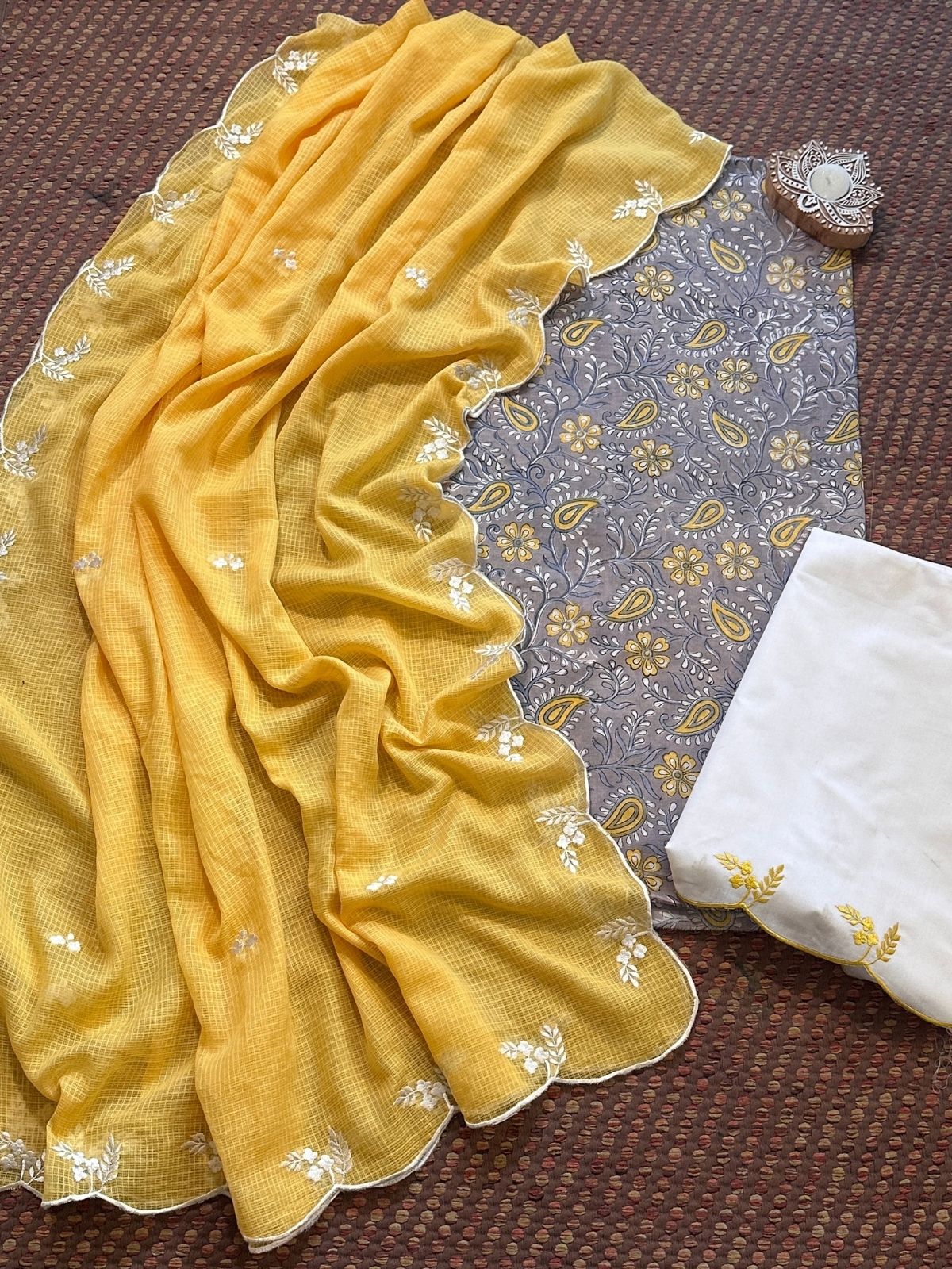 Pure Cotton Hand-block Fabric with Embroidered Bottom & Kota Doria Dupatta