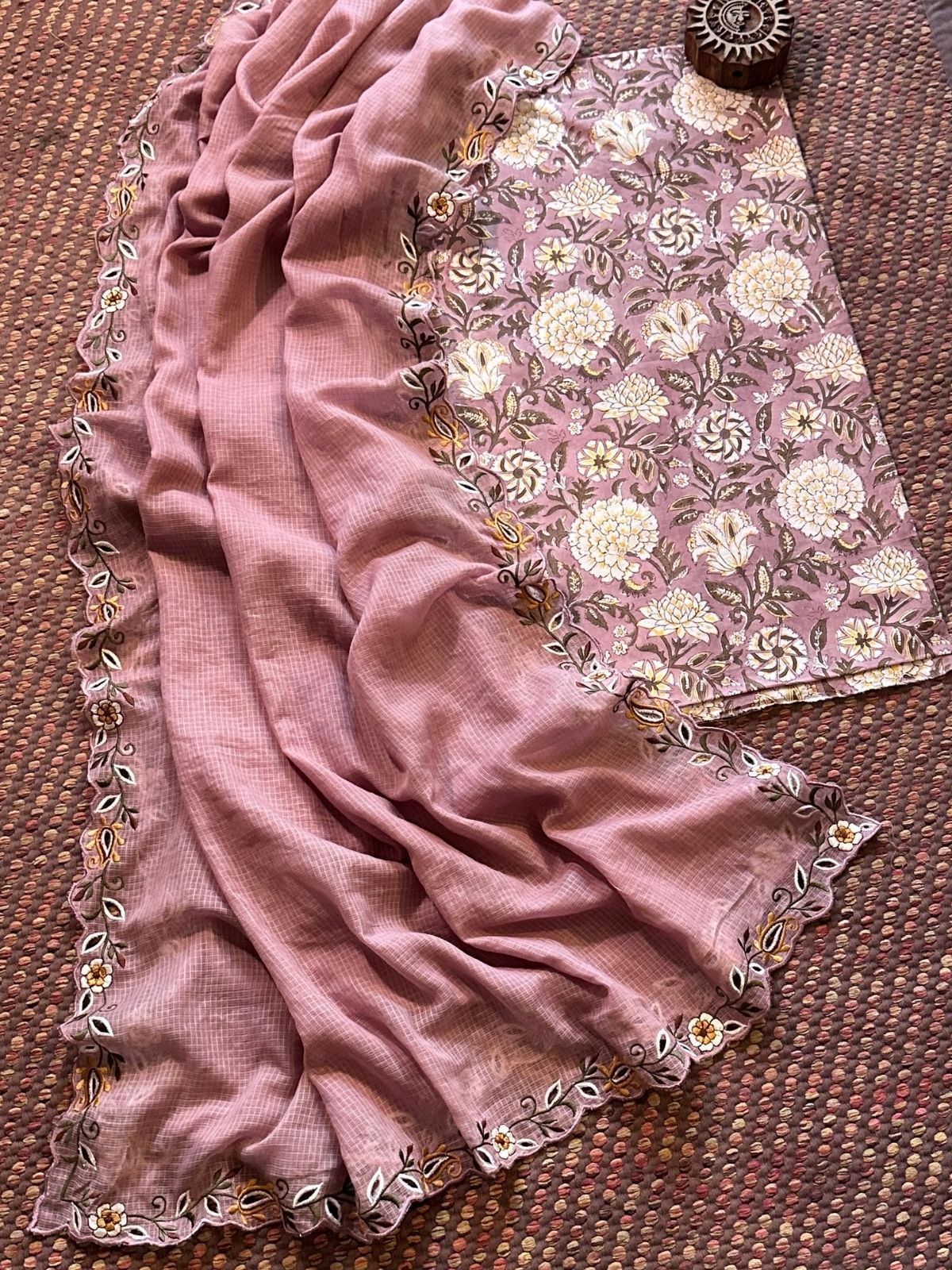 Pure Cotton Handblock Fabric with Cutwork Embroidered Dupatta