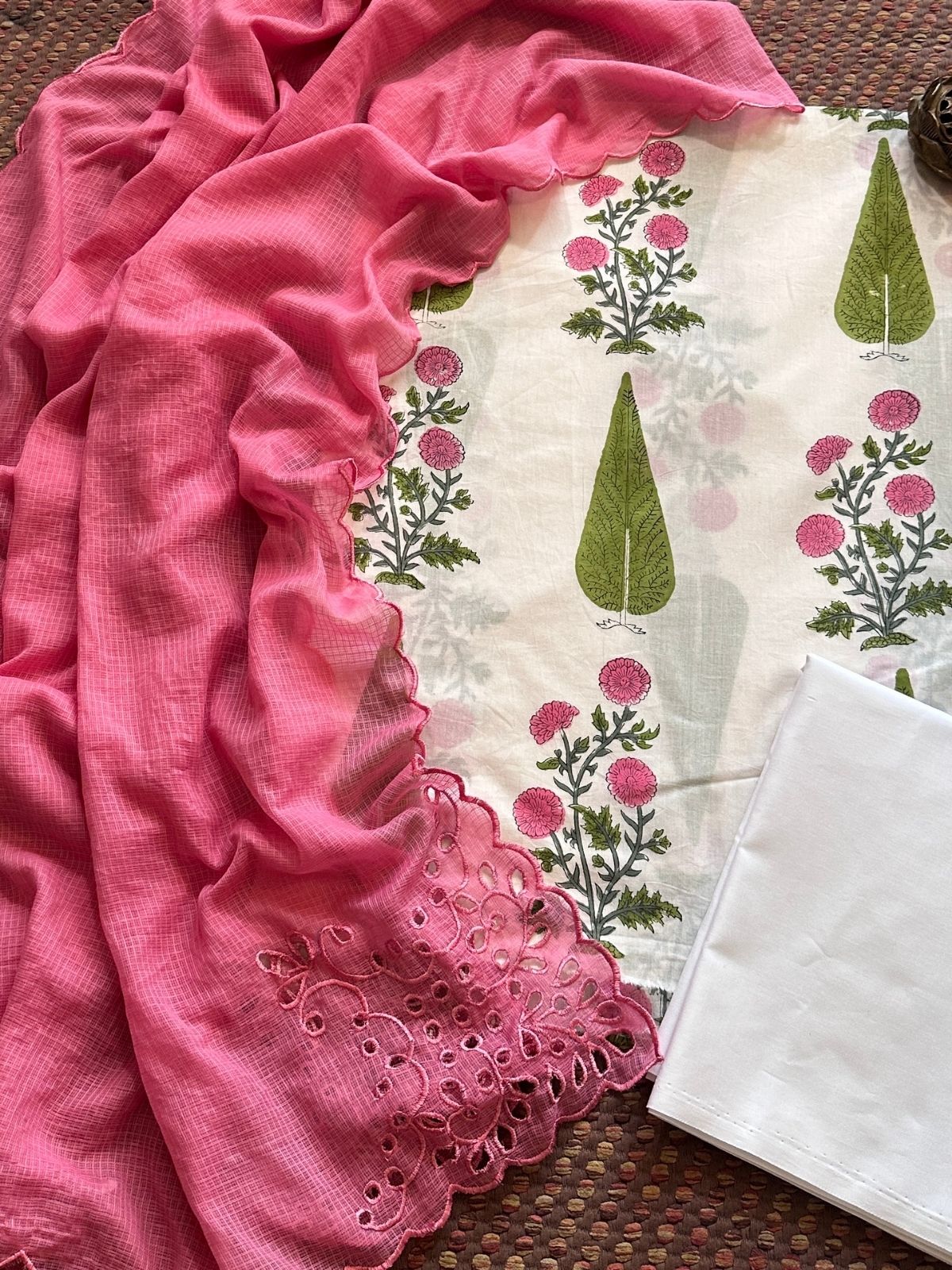 Pure Cotton Hand-blocked Fabric Set with Cutwork Kota Doria Dupatta