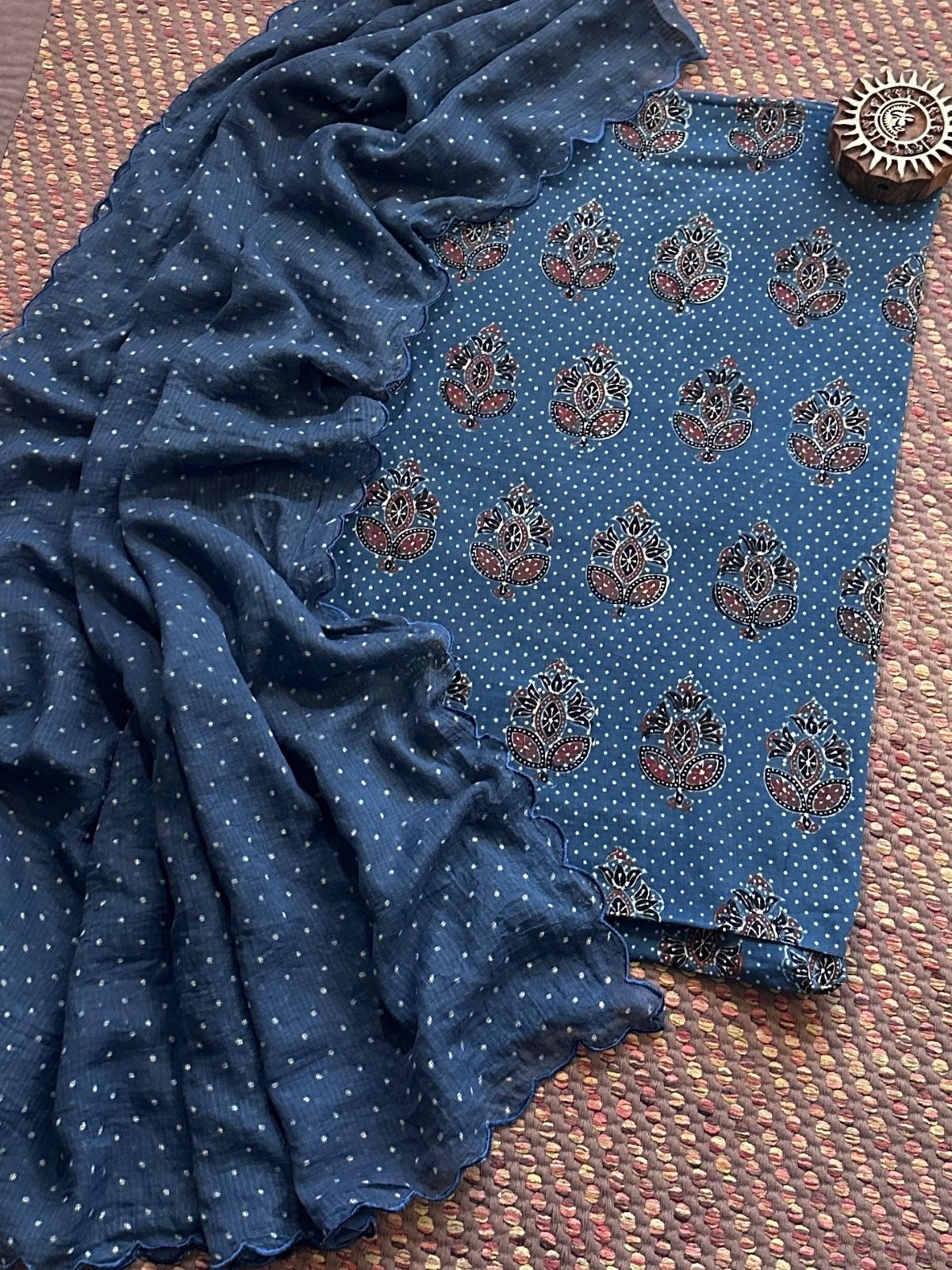 Ajrakh Cotton Malmal Handblocked Set- Top & Dupatta