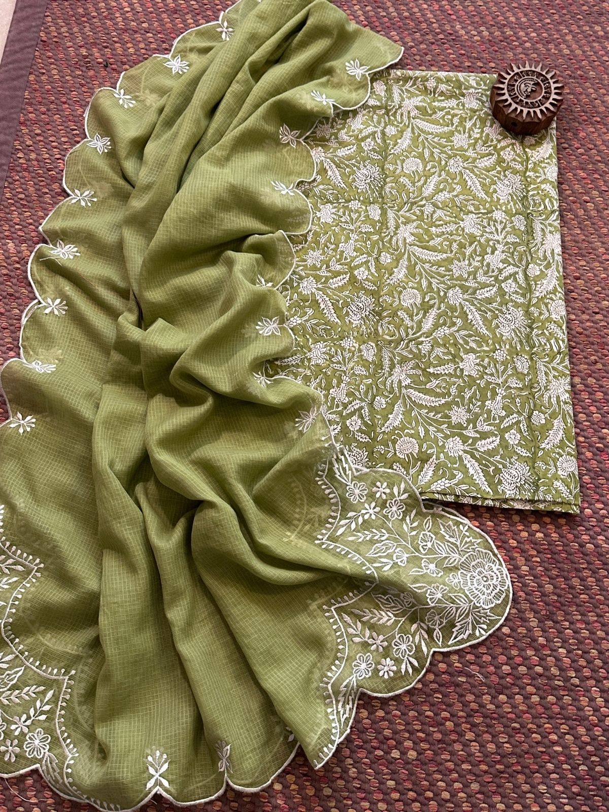Pure Cotton Hand-blocked fabric set with Embroidered Dupatta