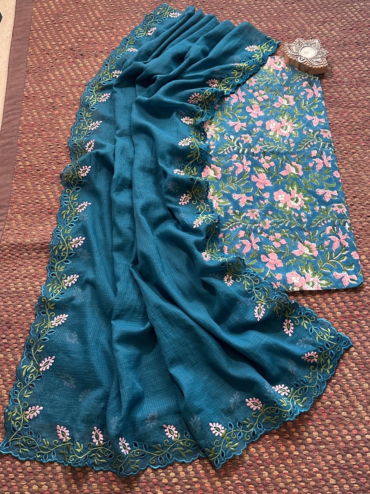 Pure Cotton Handblock Fabric with Cutwork Embroidered Dupatta