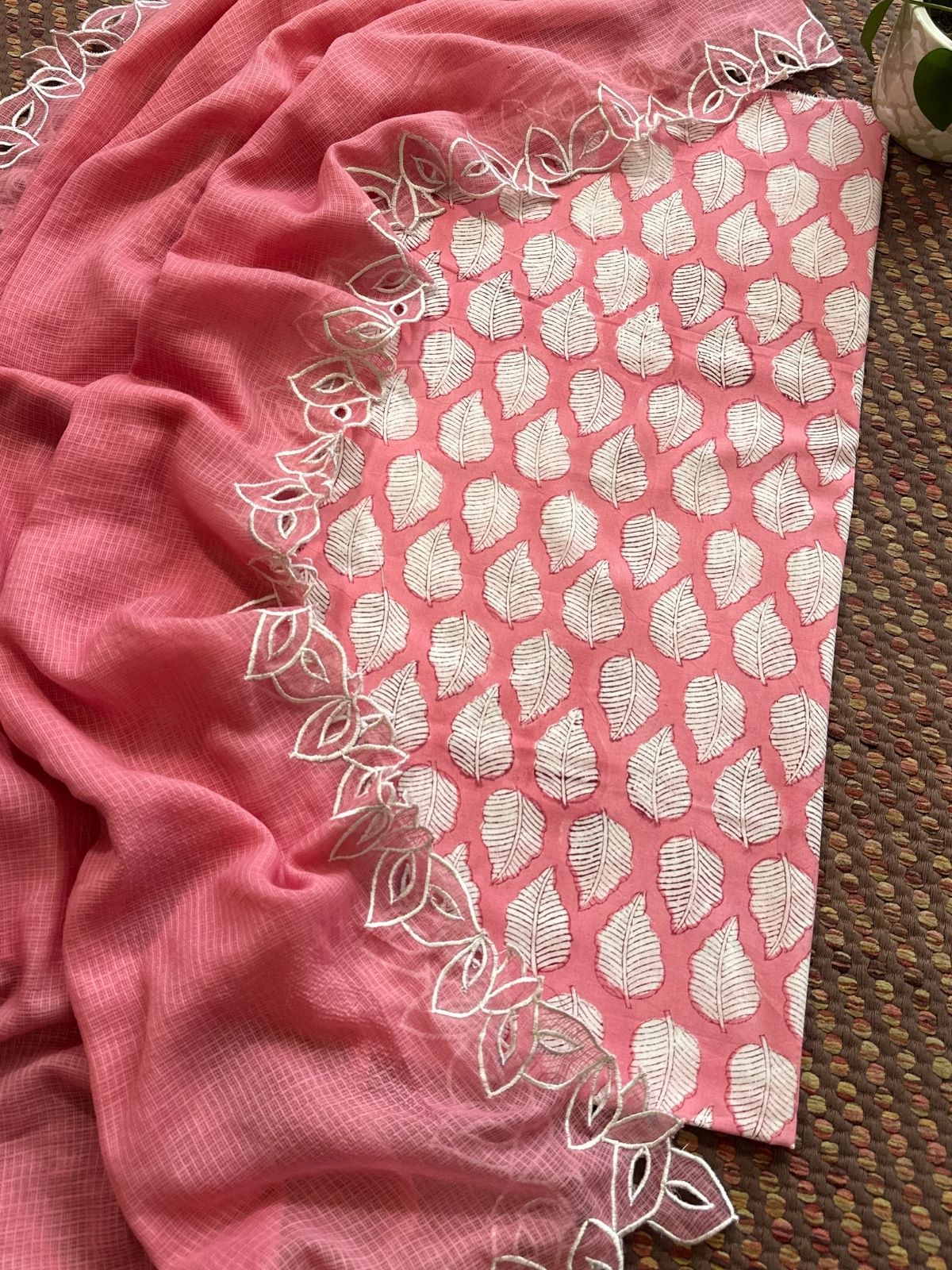 Pure Cotton Handblock Fabric with Cutwork Embroidered Dupatta