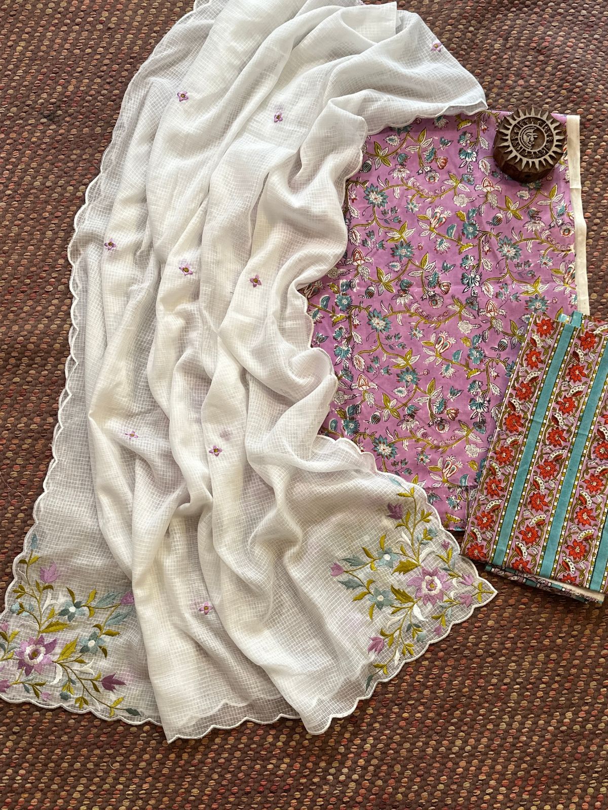 Pure Cotton Malmal Handblock Fabric with Embroidered Dupatta