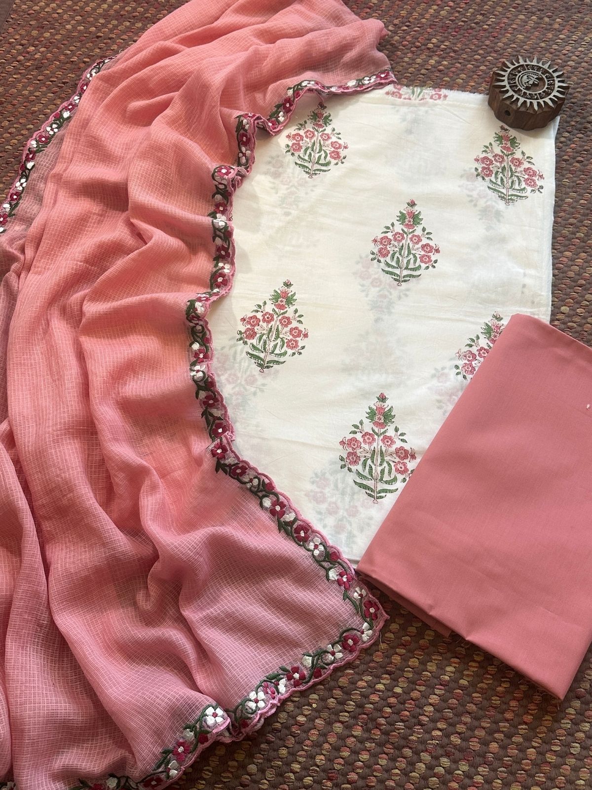 Pure Cotton Hand-blocked fabric set with Embroidered Dupatta