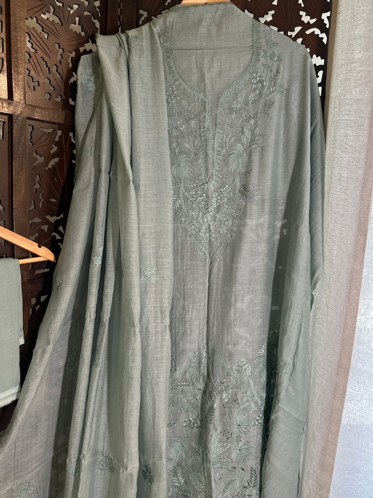 Premium Malmal Maheswari Embroidered Unstitched Set