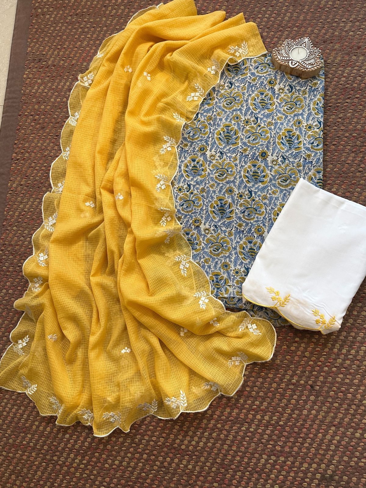 Pure Cotton Malmal Hand-block Fabric with Embroidered Bottom & Kota Doria Dupatta
