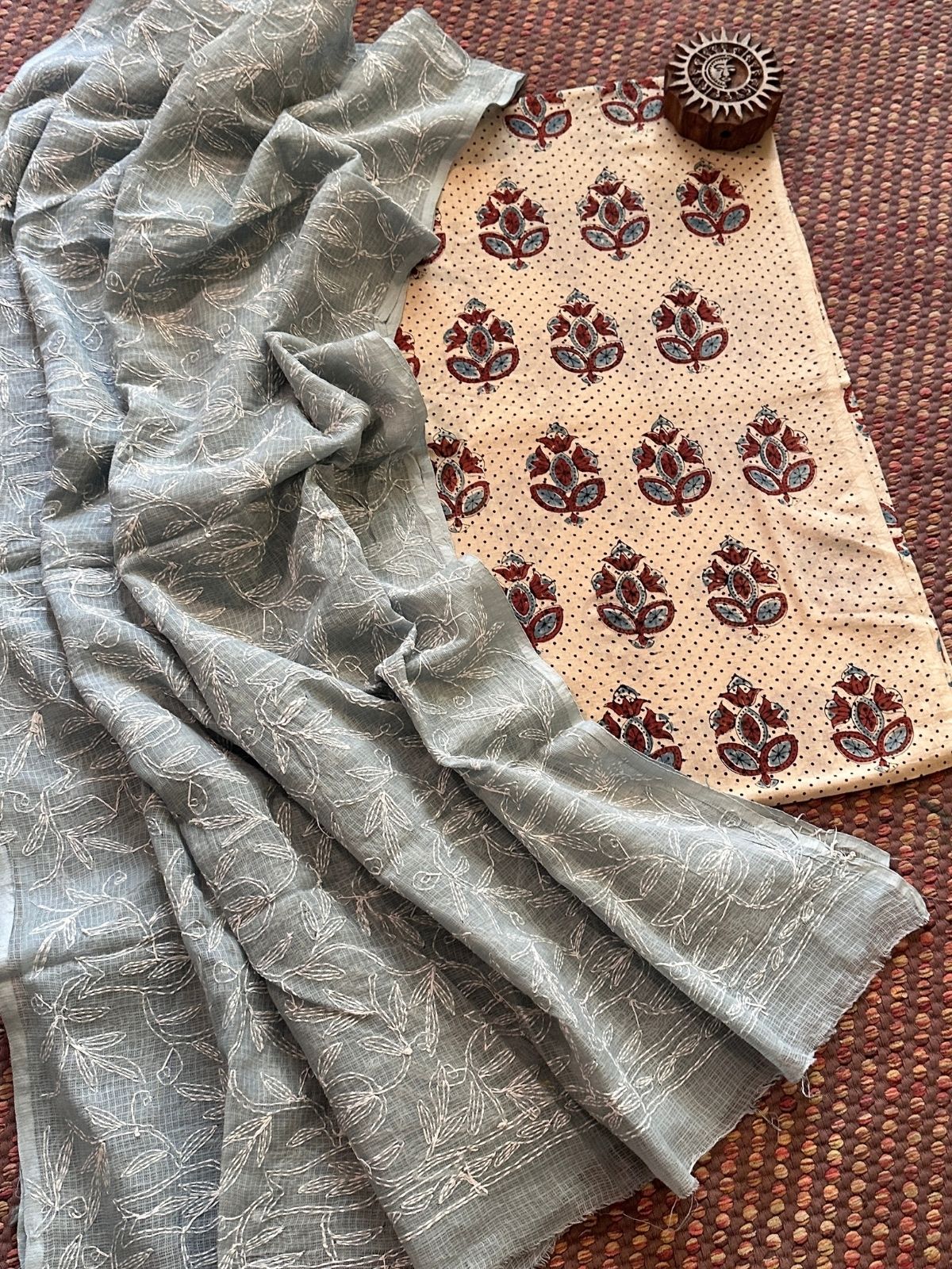 Ajrakh Handblocked Cotton Malmal Fabric with Chikankari Kota Dupatta Unstitched Set