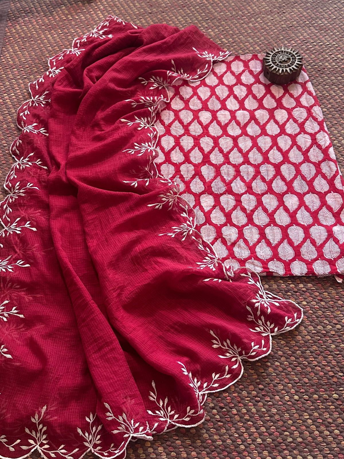 Pure Cotton Hand-blocked fabric set with Embroidered Dupatta