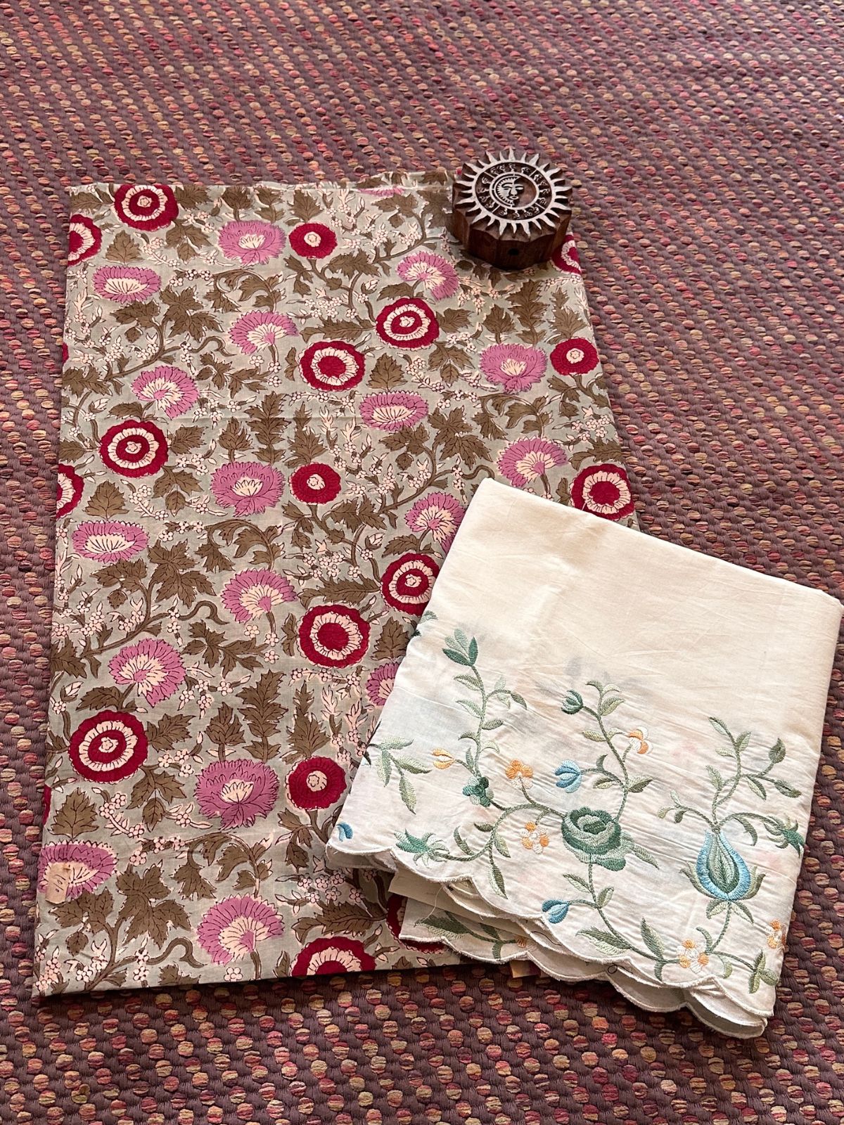 Pure Cotton Hand-blocked Fabric with Embroidered Bottom