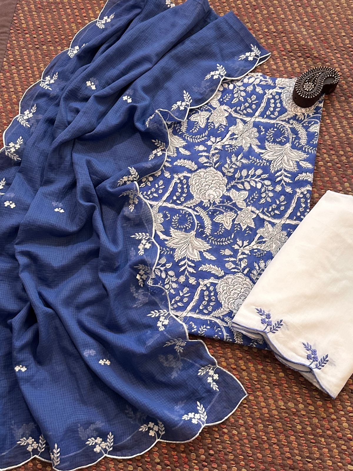 Pure Cotton Hand-block Fabric with Embroidered Bottom & Kota Doria Dupatta