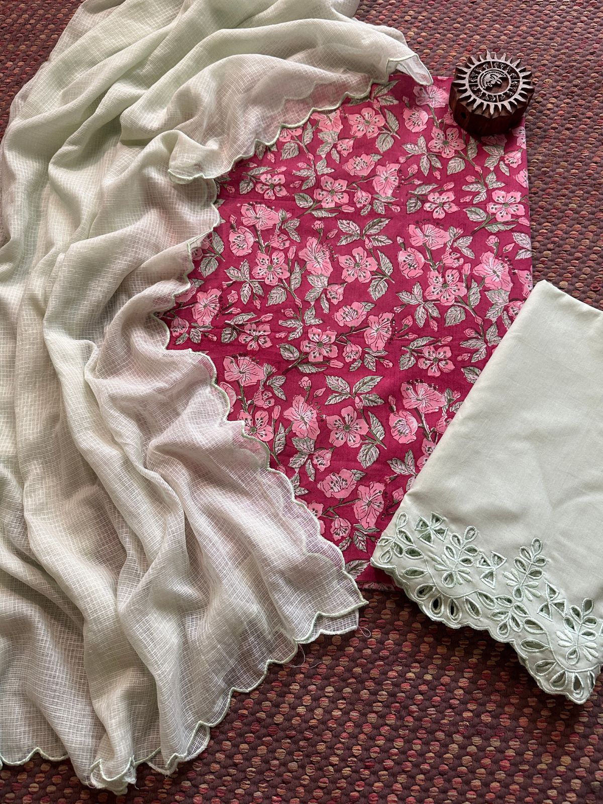 Pure Cotton Hand-blocked Fabric with Cutwork Bottom & Kota Doria Dupatta