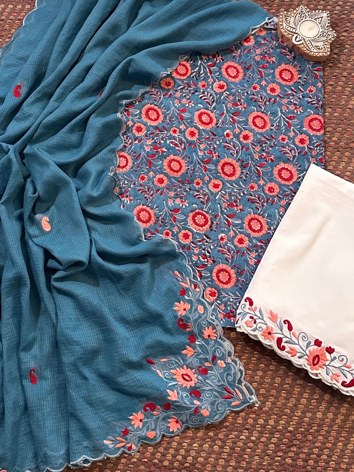 Pure Cotton Hand-block Fabric with Embroidered Bottom & Kota Doria Dupatta