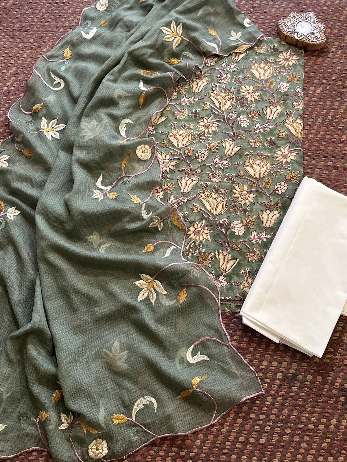 Pure Cotton Hand-blocked Fabric with Embroidered Dupatta