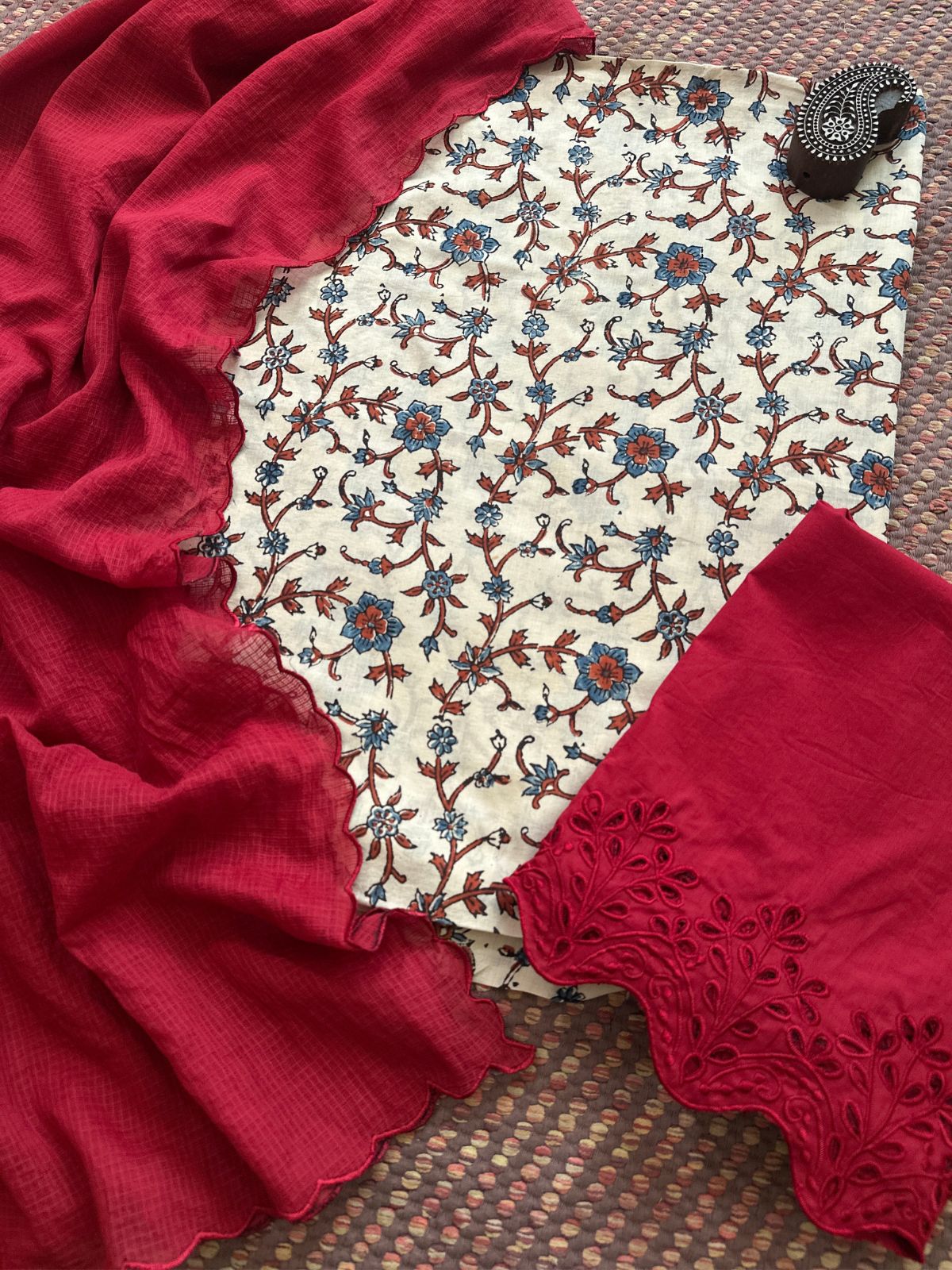 Pure Cotton Malmal  Ajrakh Fabric with Exclusive Cutwork Bottom & Kota Doria Dupatta
