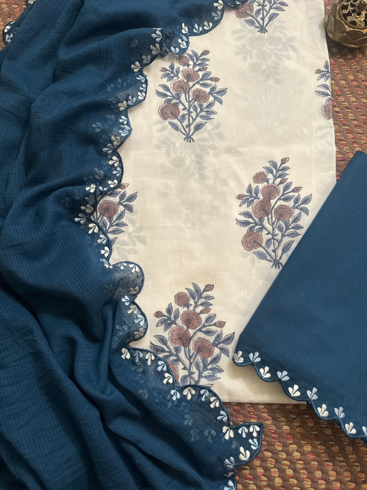 Pure Cotton Handblock Fabric with Exclusive Embroidered Bottom & Kota Doria Dupatta