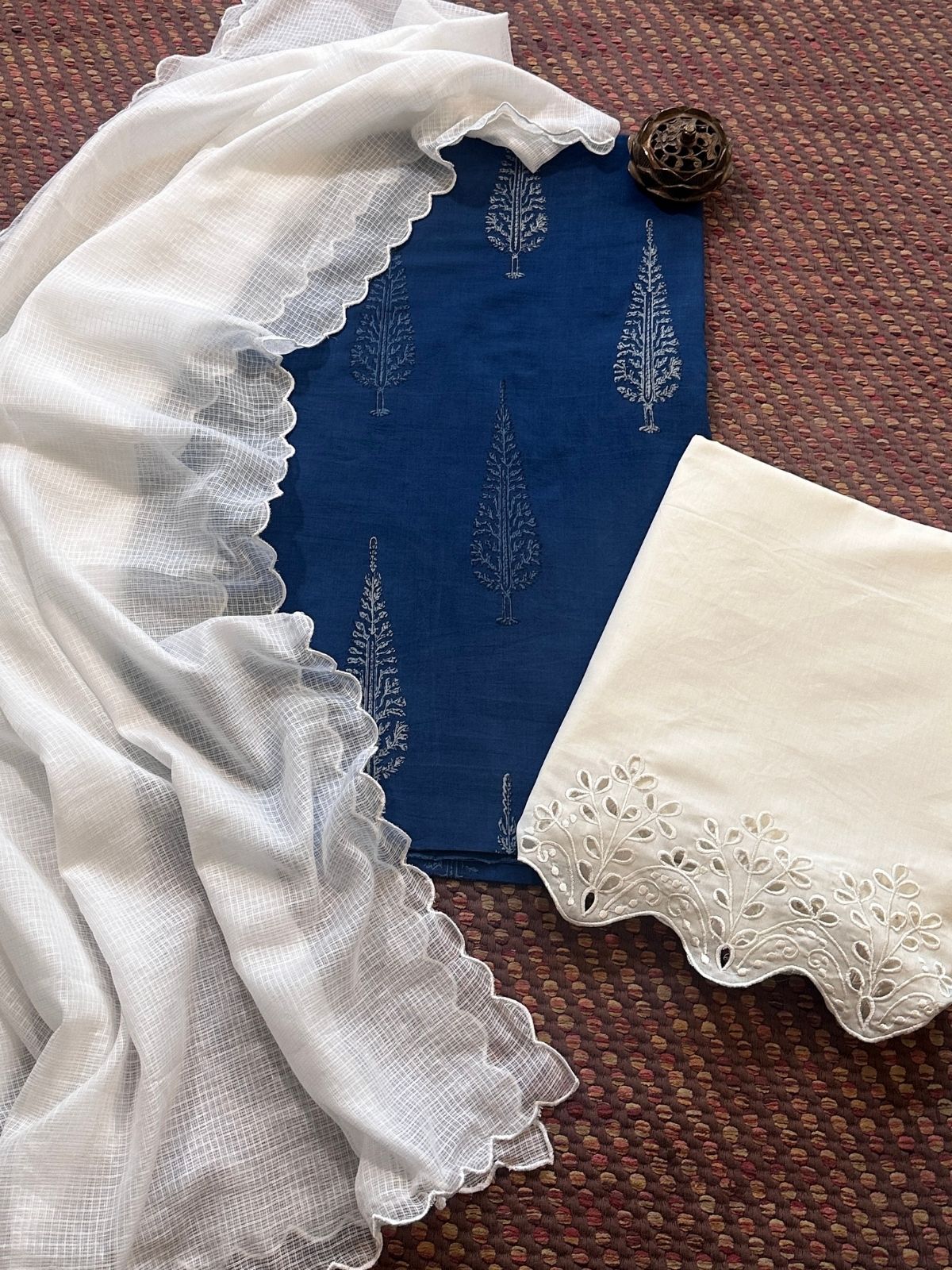 Pure Cotton Hand-blocked Indigo Fabric with Cutwork Bottom & Kota Doria Dupatta