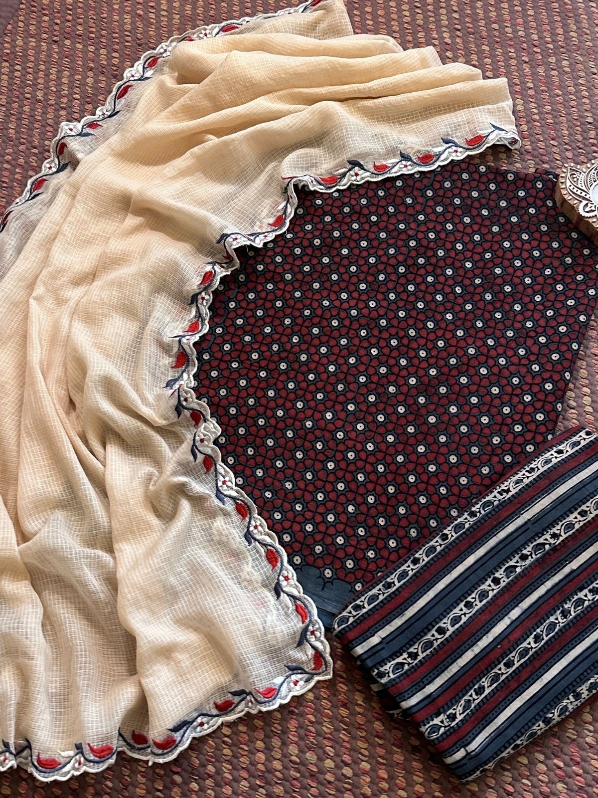 Ajrakh Cotton Malmal Unstitched Set with Embroidered Kota Dupatta