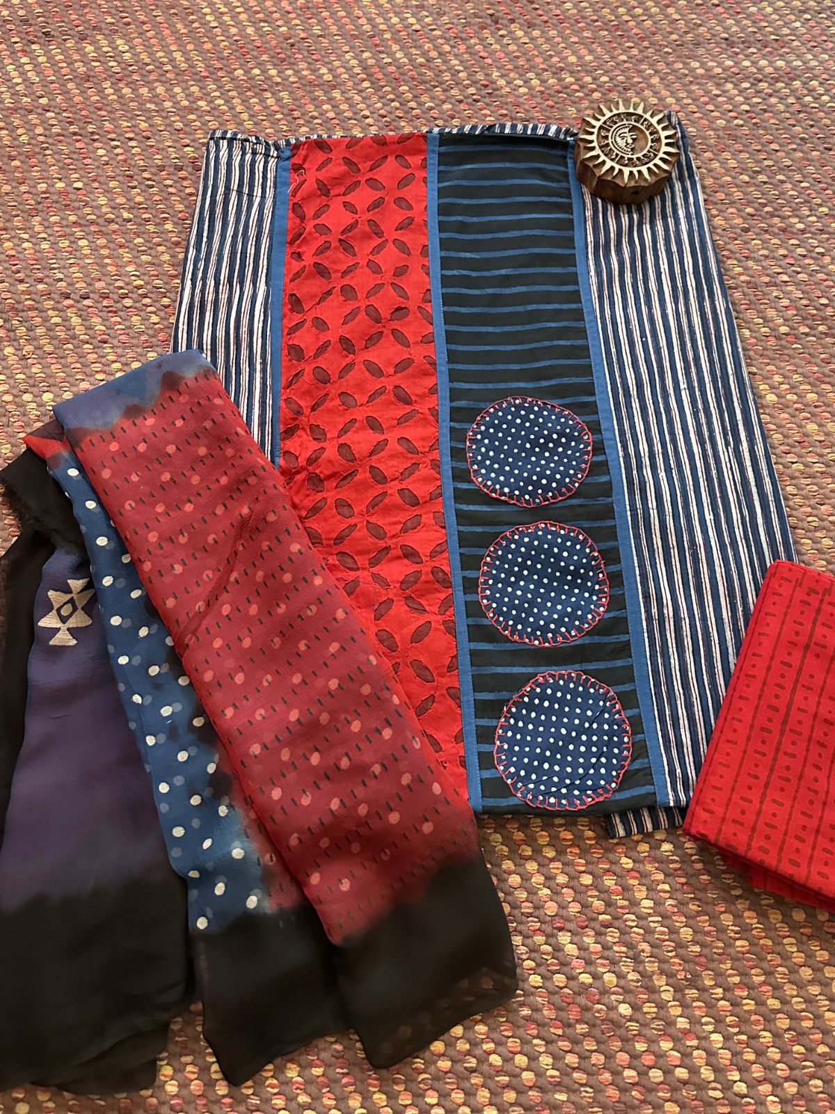 Pure Cotton Patch work Unstitched Set with pure chiffon Dupatta