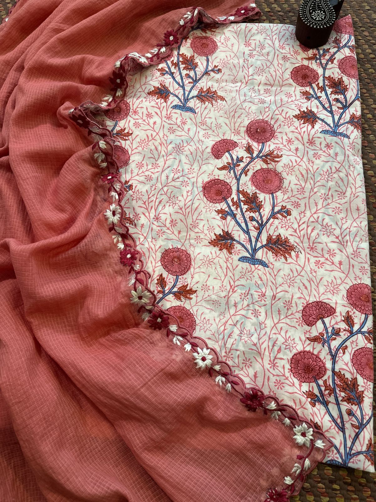 Pure Cotton Hand-blocked fabric set with Embroidered Dupatta