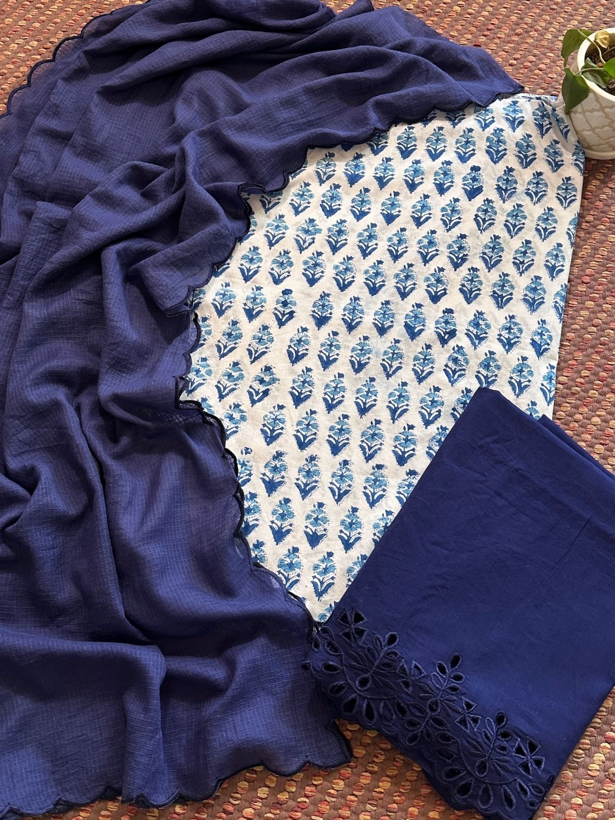 Pure Cotton Hand-blocked Fabric with Cutwork Bottom & Kota Doria Dupatta