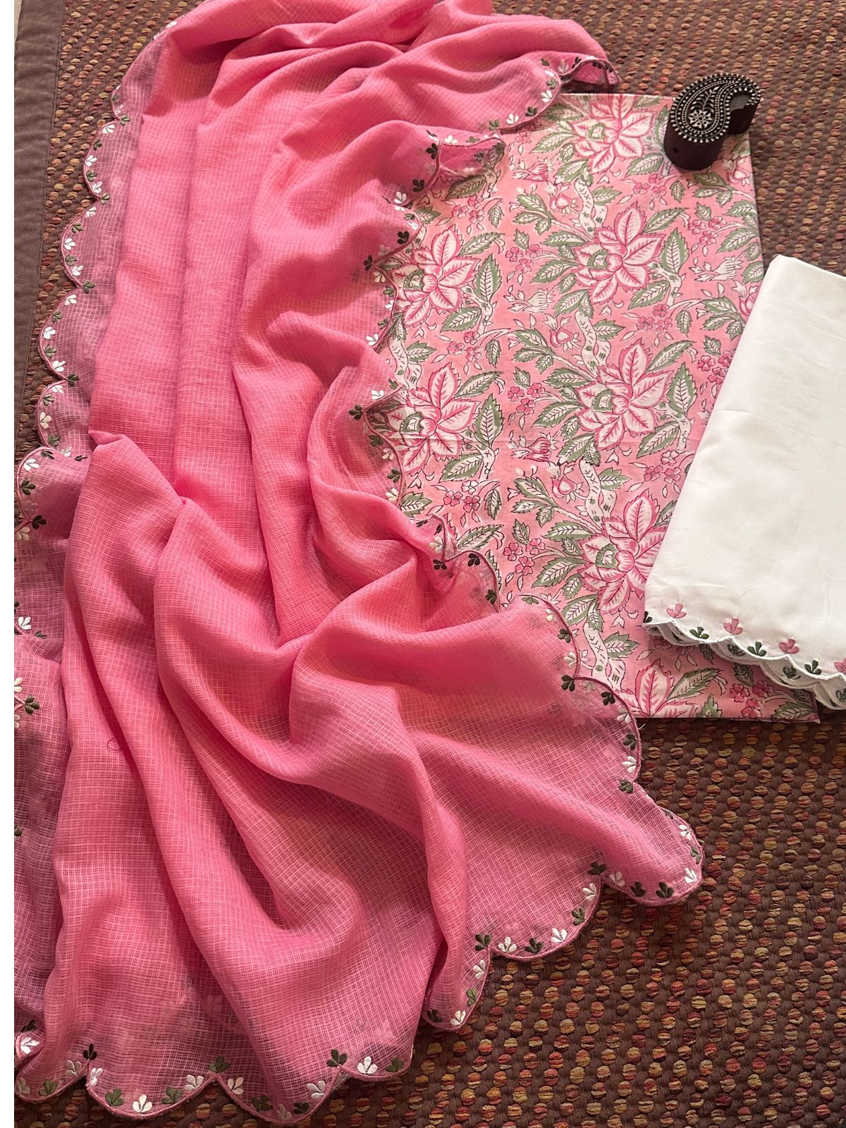 Pure Cotton Hand blocked Fabric with Embroidered Dupatta & Bottom