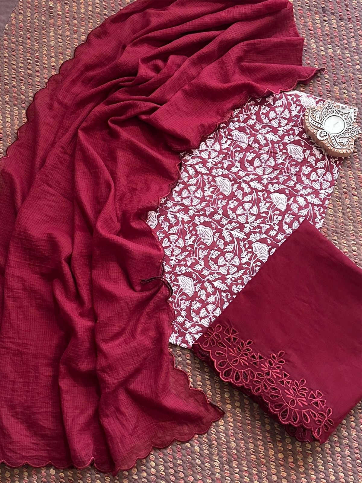 Pure Cotton Hand-blocked Fabric with Cutwork Bottom & Kota Doria Dupatta