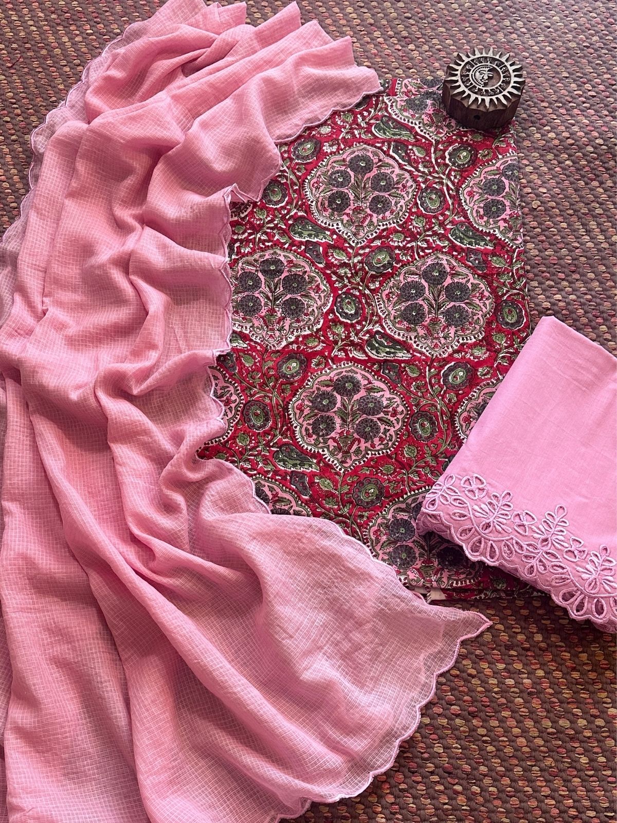 Pure Taj Cotton Hand-blocked Fabric with Cutwork Bottom & Kota Doria Dupatta