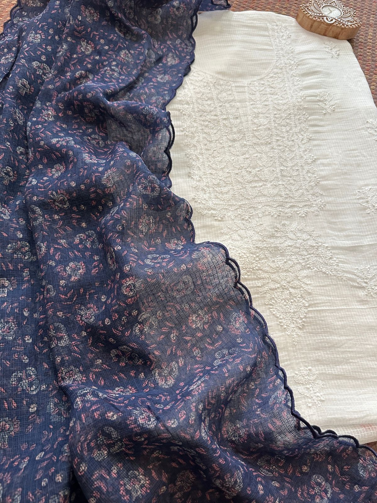 Chikankari Hand Embroidered Fabric with Indigo Hadblocked Kota Dupatta