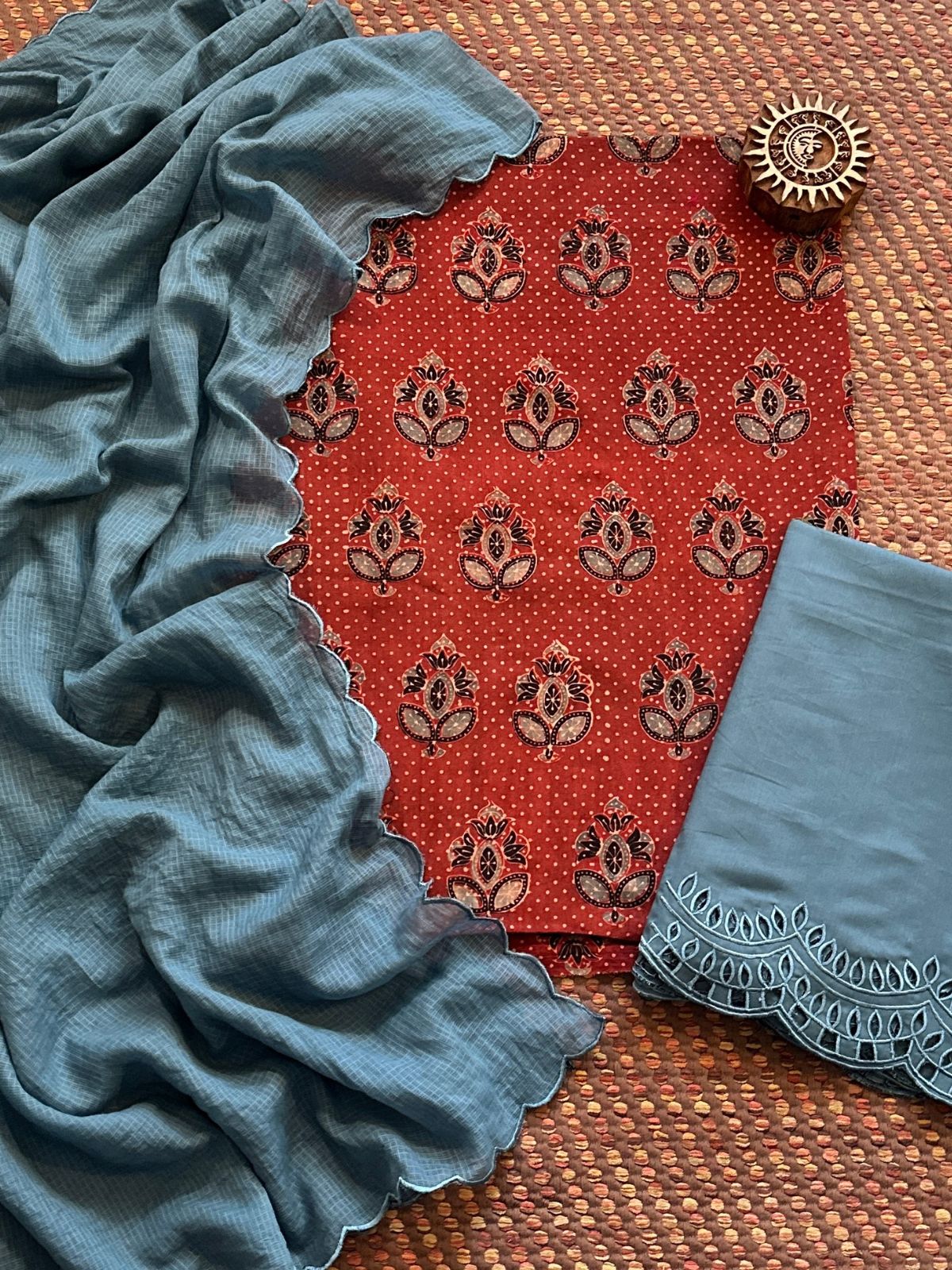Pure Cotton Mul Ajrak with Scalloped Dupatta & Cutwork Bottom