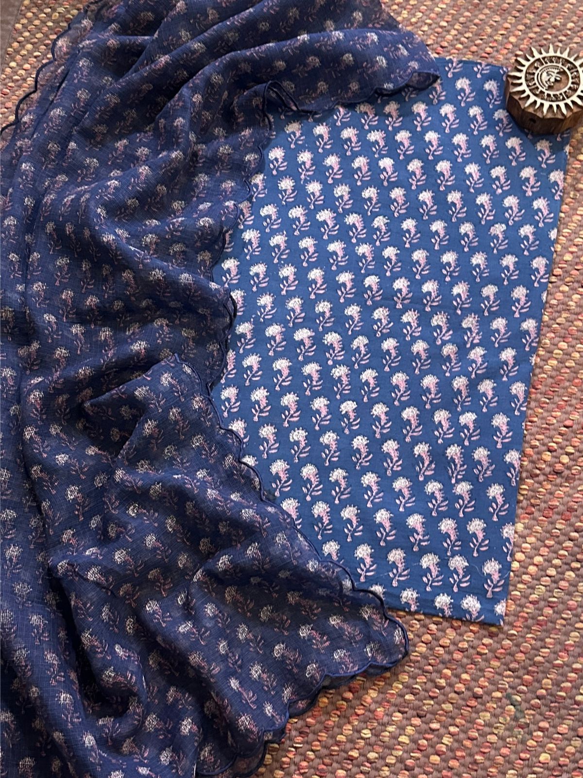 Indigo Pure Cotton Handblocked Fabric with Kota Doria Dupatta Set