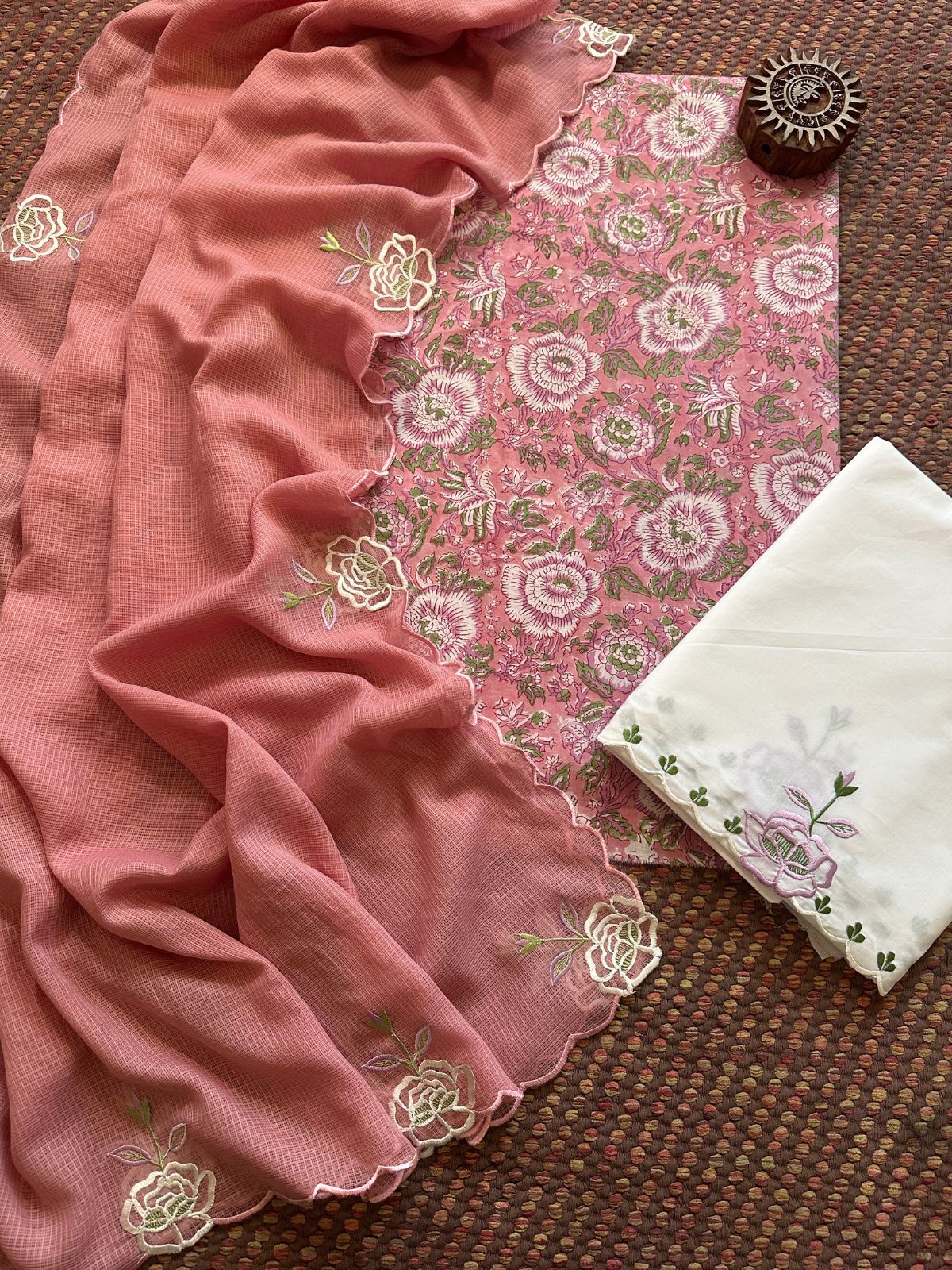 Pure Cotton Hand-block Fabric with Exclusive Embroidered Bottom & Kota Doria Dupatta